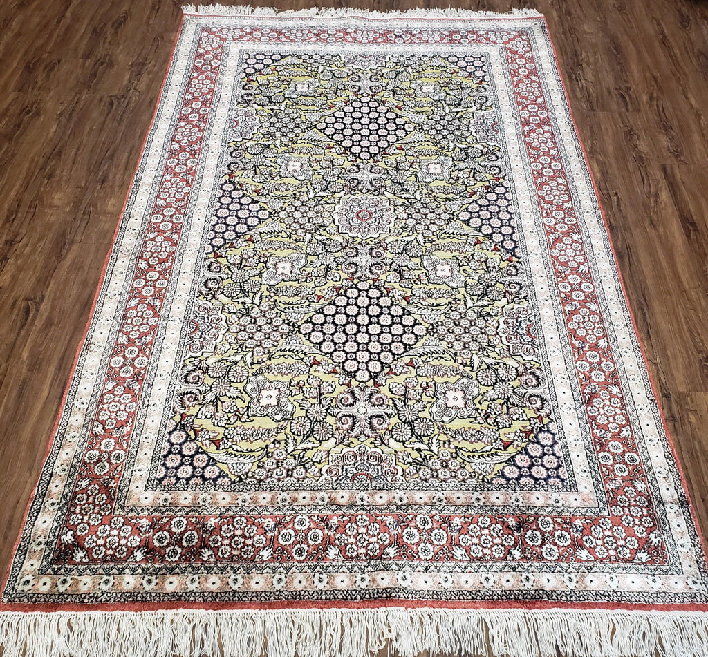 5x8 Indian Kashmiri Silk Rug with Gold Threads