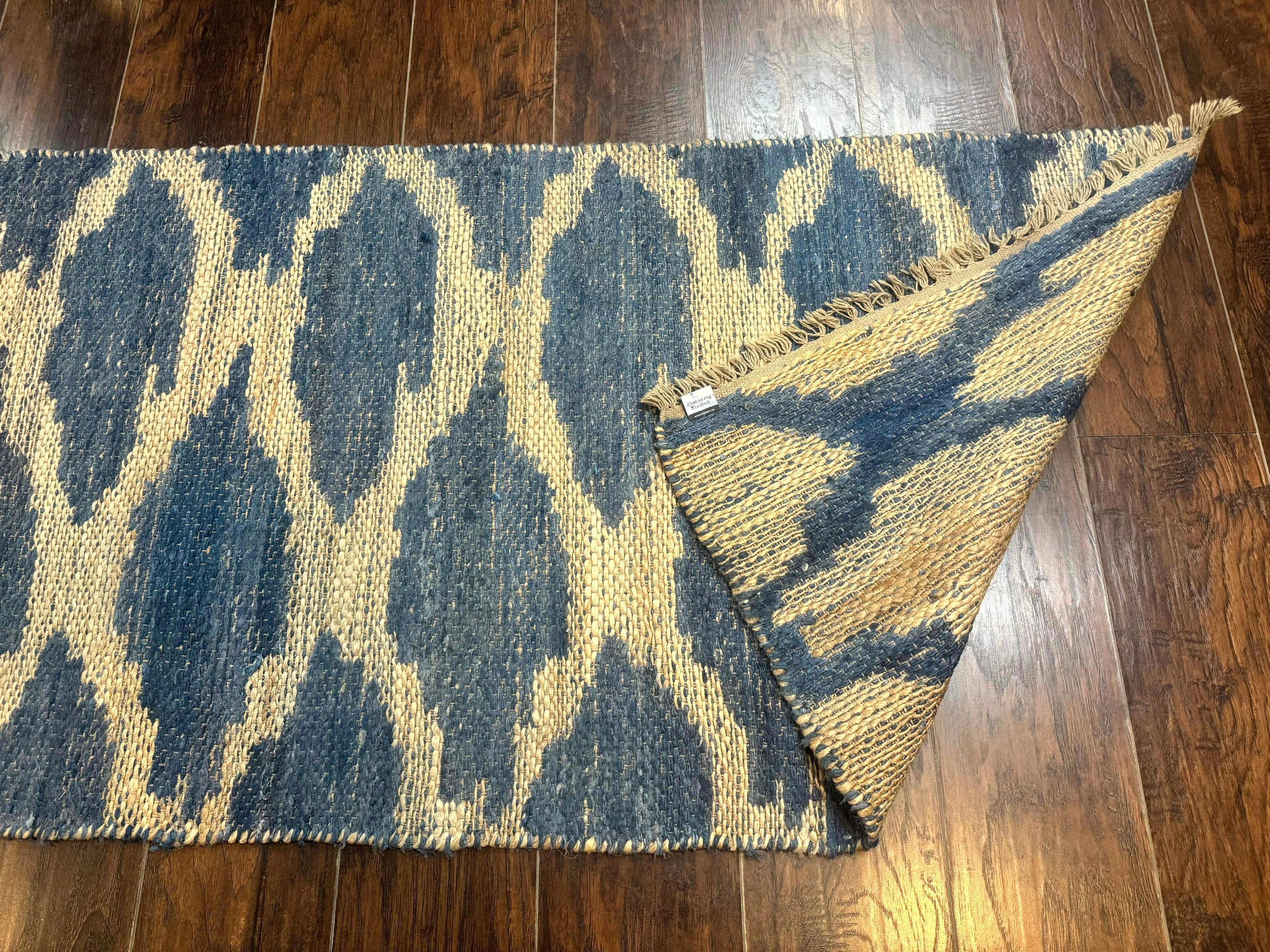 Modern Jute Runner Rug 2.9 x 7.9, Beige and Blue, Handwoven, Kaleen Rug
