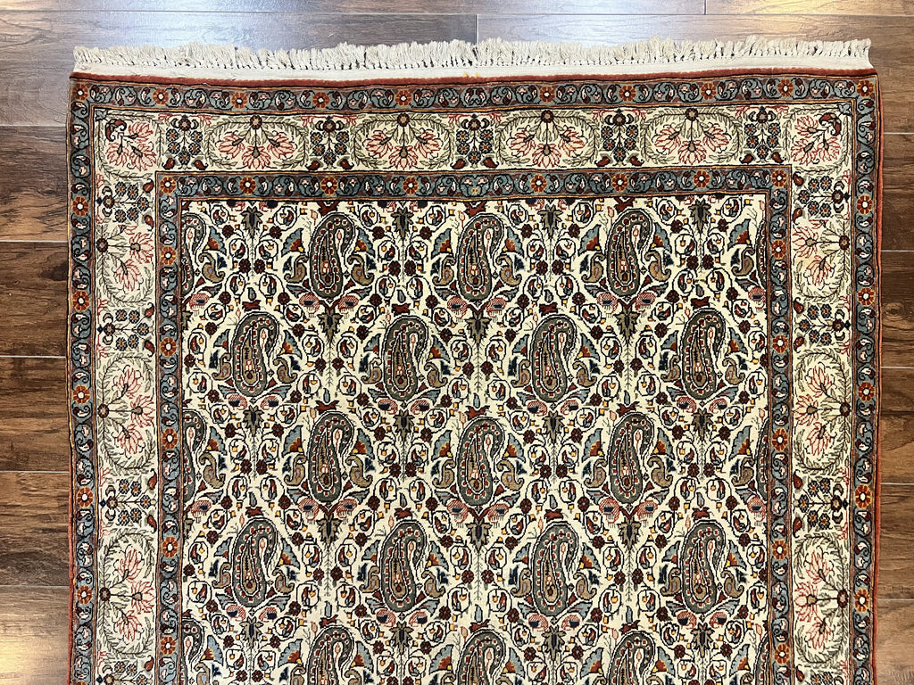 Persian Qum Rug 5x6, Cream Wool Hand Knotted Carpet, Repeated Boteh Paisely Design, Semi Antique Vintage Rug, Very Fine Weave 5 x 6 Rug