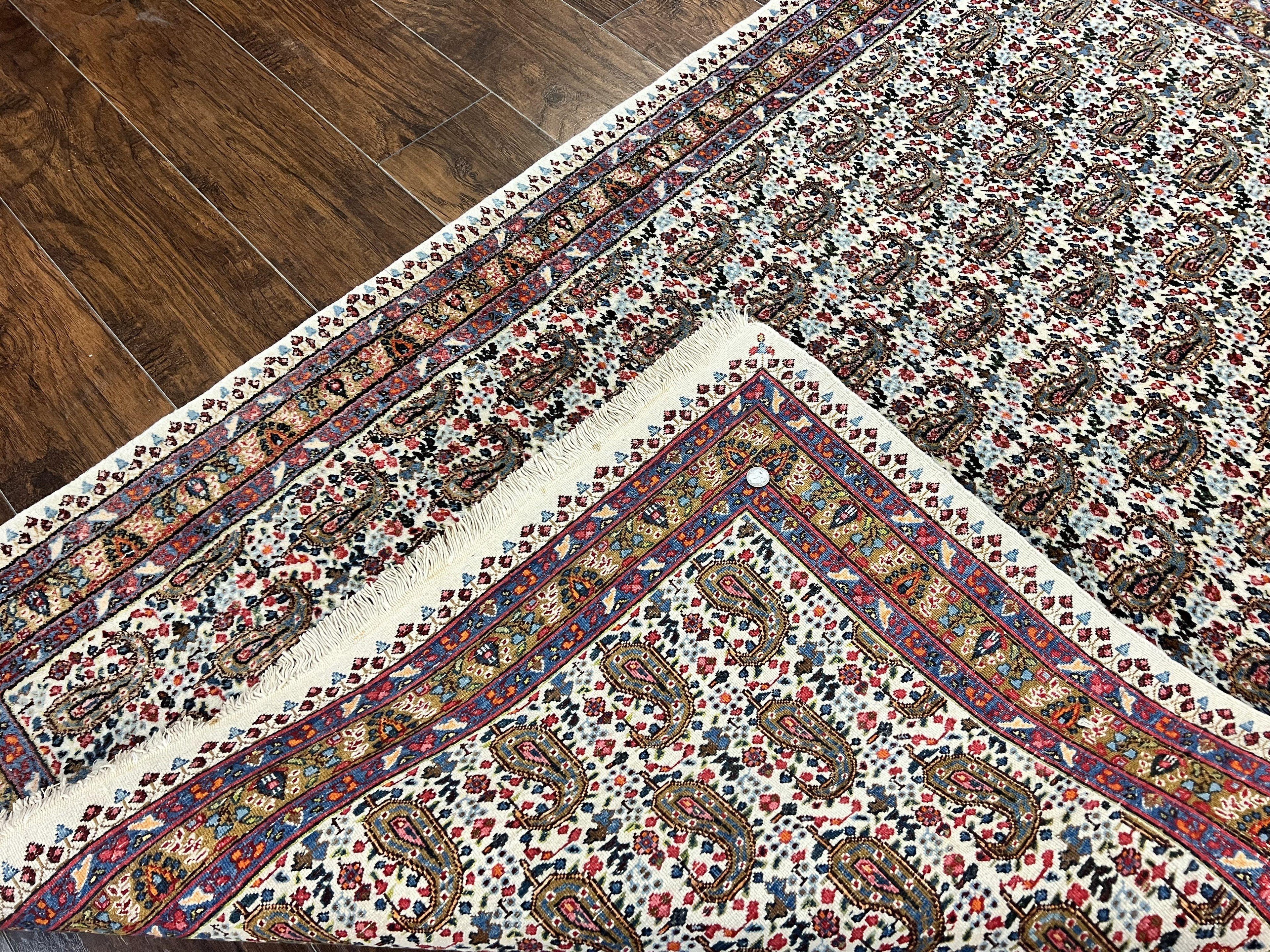 Persian Rug 4x6, Mashad Kashmar Rug, Boteh Paisley Design, Allover Repeated Pattern, Ivory Hand Knotted Vintage Semi Antique Persian Oriental Carpet