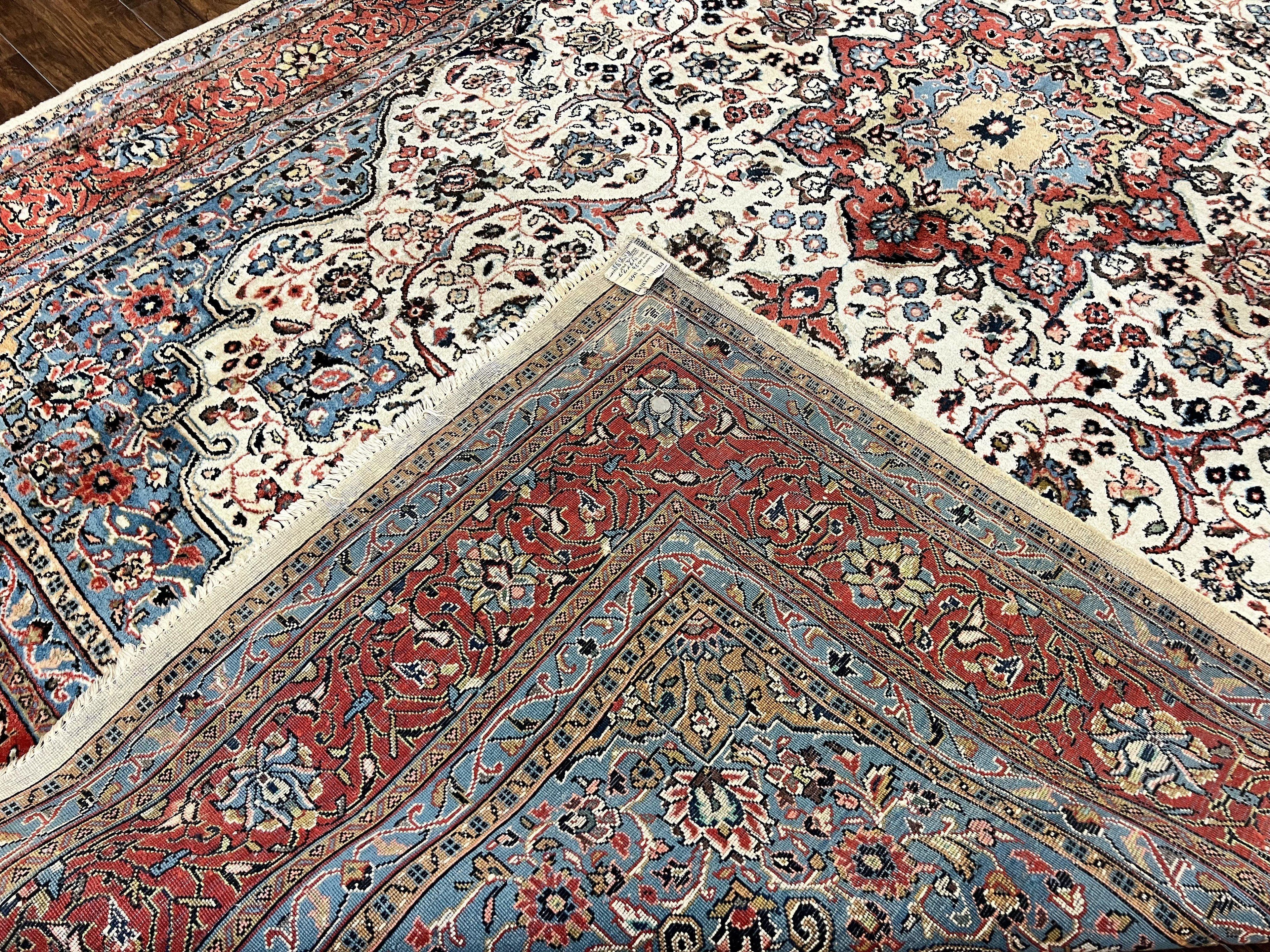 Persian Sarouk Rug 8x12, Wool Hand Knotted Antique Carpet, Floral Medallion, Cream Red, Traditional Oriental Rug