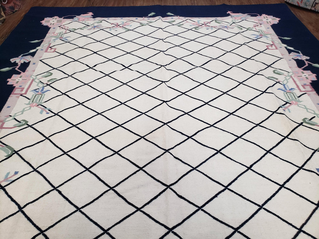 Vintage Dhurrie Rug, Indian Dhurrie 8x11 - 9x11, Wool Hand-Woven Ivory & Black Indo Carpet, Large Flat Weave Rug Living Room Rug Black White