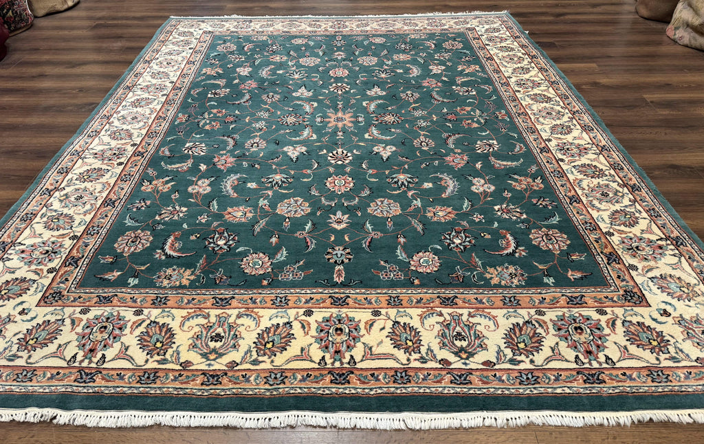 Indo Persian Rug 8x10, Green and Beige Oriental Carpet, Traditional Wool Area Rug, Floral Allover Pattern