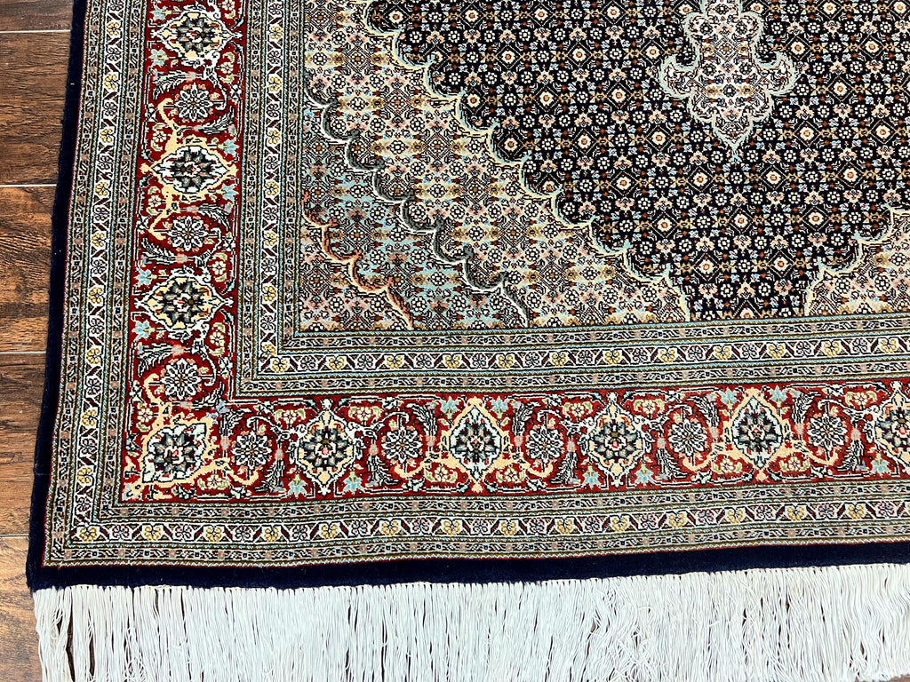 Persian Tabriz Rug 5x7, Wool with Silk Highlights, Hand Knotted Vintage Oriental Carpet, Very Fine, Herati Mahi Pattern, Black, Rare
