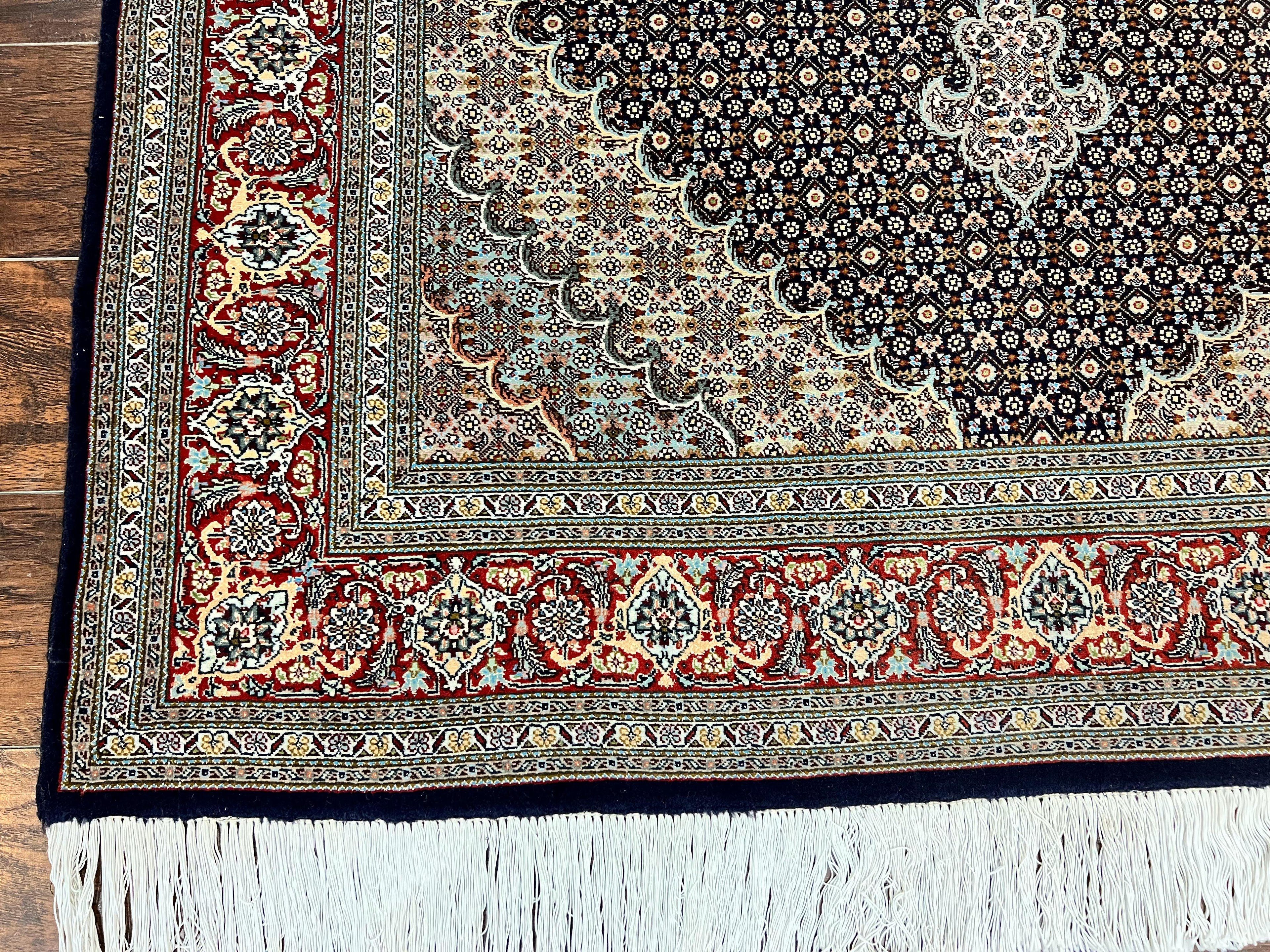 Persian Tabriz Rug 5x7, Wool with Silk Highlights, Hand Knotted Vintage Oriental Carpet, Very Fine, Herati Mahi Pattern, Black, Rare