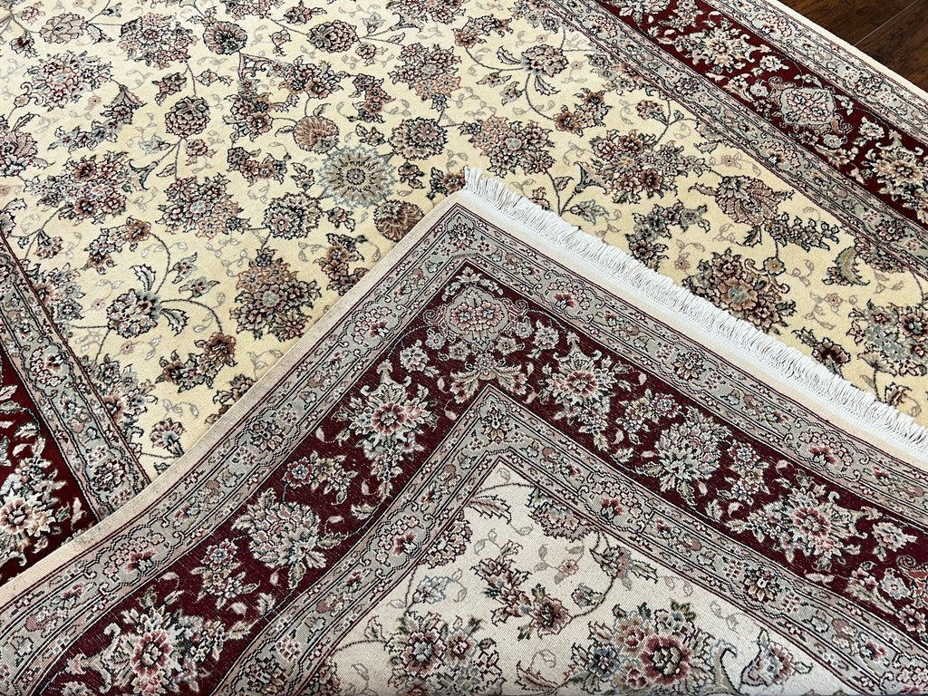 Pak Persian Rug 6x9, Floral Allover Carpet 6 x 9 ft, Cream and Maroon Hand Knotted Wool and Silk Fine Oriental Rug, Traditional Vintage Rug