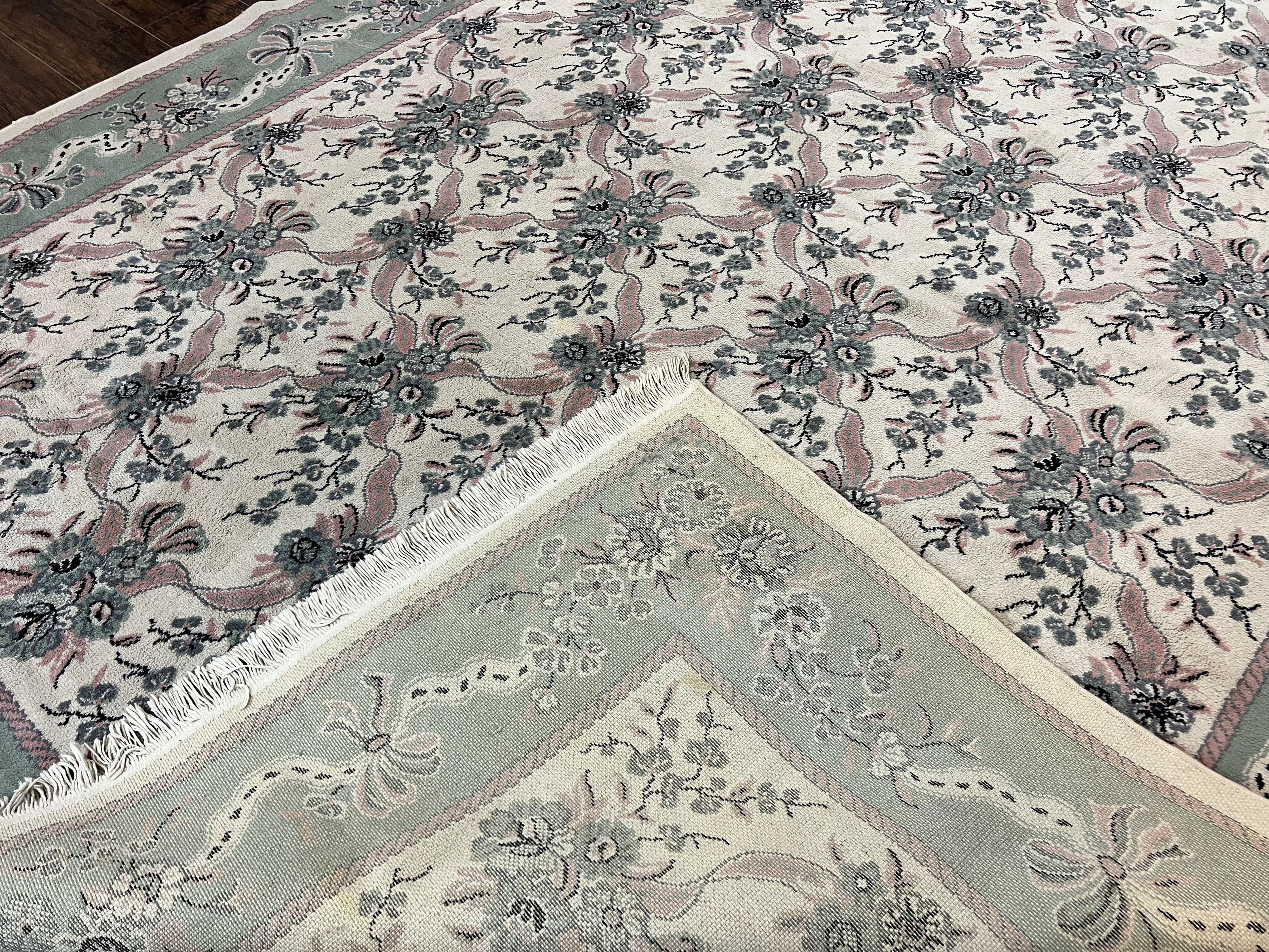 Belgium Power Loomed Rug 8x11, Ivory and Green, Wool Carpet, Floral