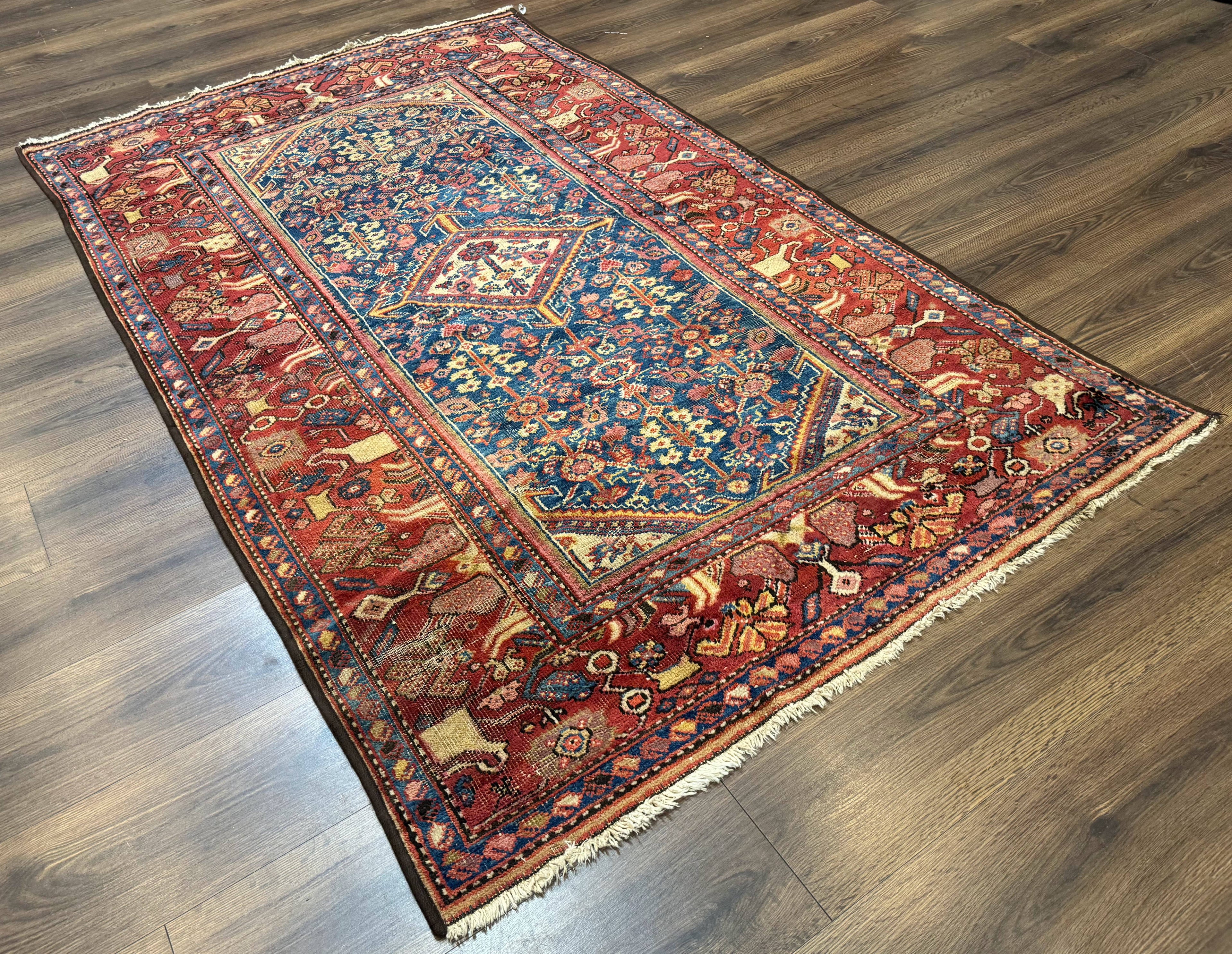 Antique Persian Rug 4x7, Blue and Red Malayer Carpet, Rare