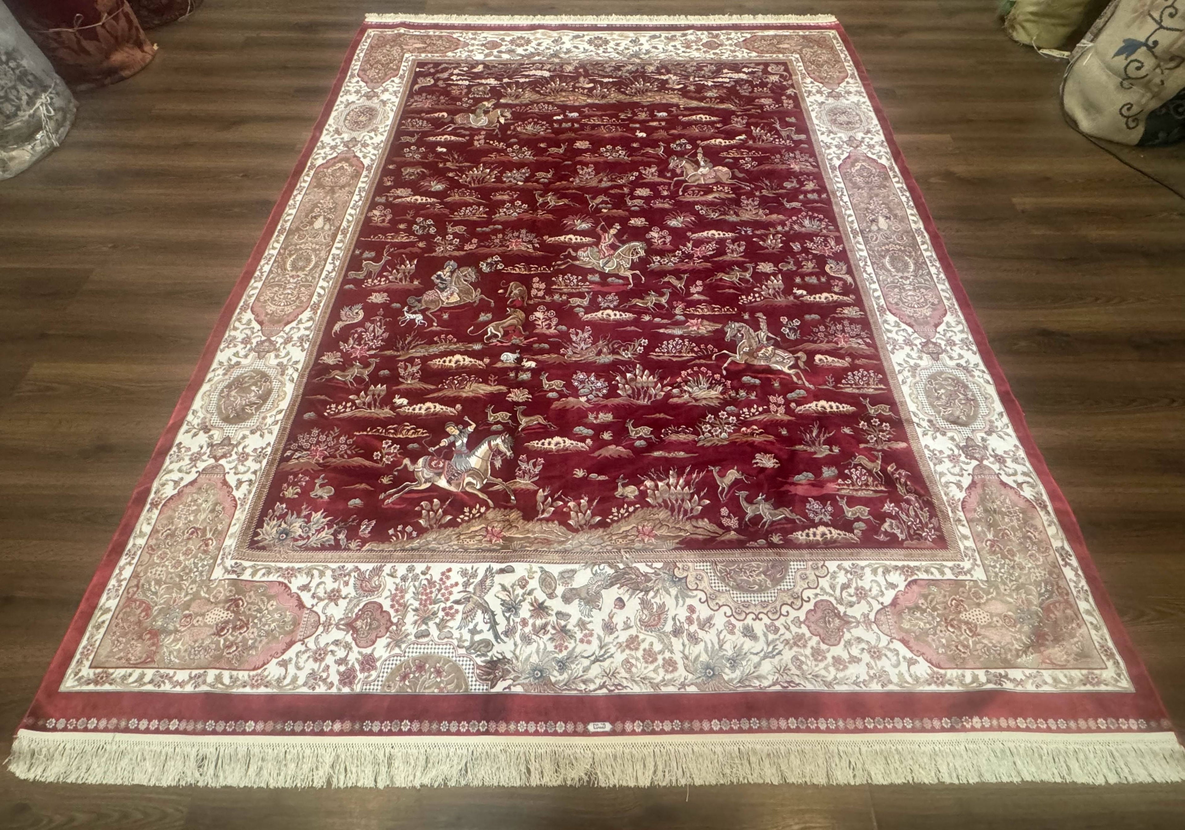 Turkish Silk Rug 8x10, Red & Ivory, Hunting Design, Bamboo Silk, New