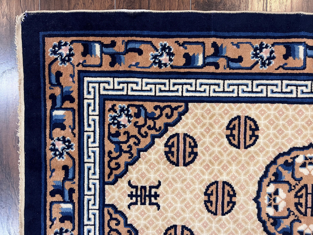 Chinese Peking Rug 3x5, Antique Chinese Art Deco Carpet, Blue Ivory Tan, Hand Knotted Wool Asian Oriental Rug 3 x 5 Vintage Small Peking Rug