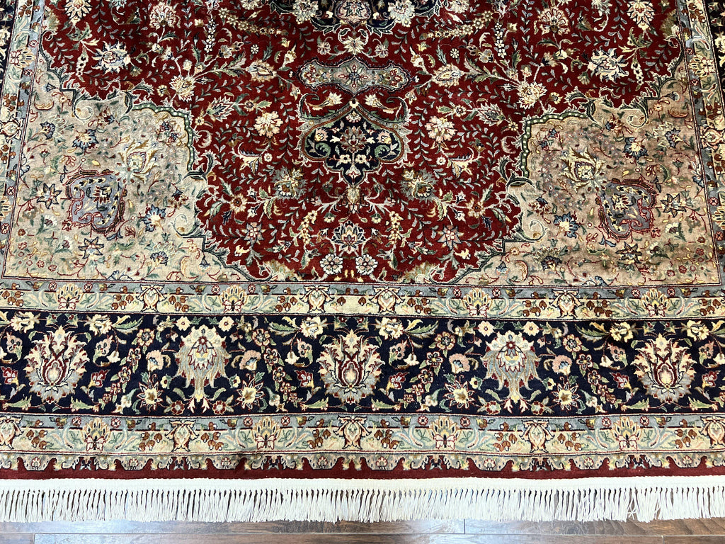 Pak Persian Rug 8x10, Wool Hand Knotted Vintage Carpet, Dark Red & Navy Blue, Dome Design Floral Medallion Rug, 8 x 10 Oriental Rug