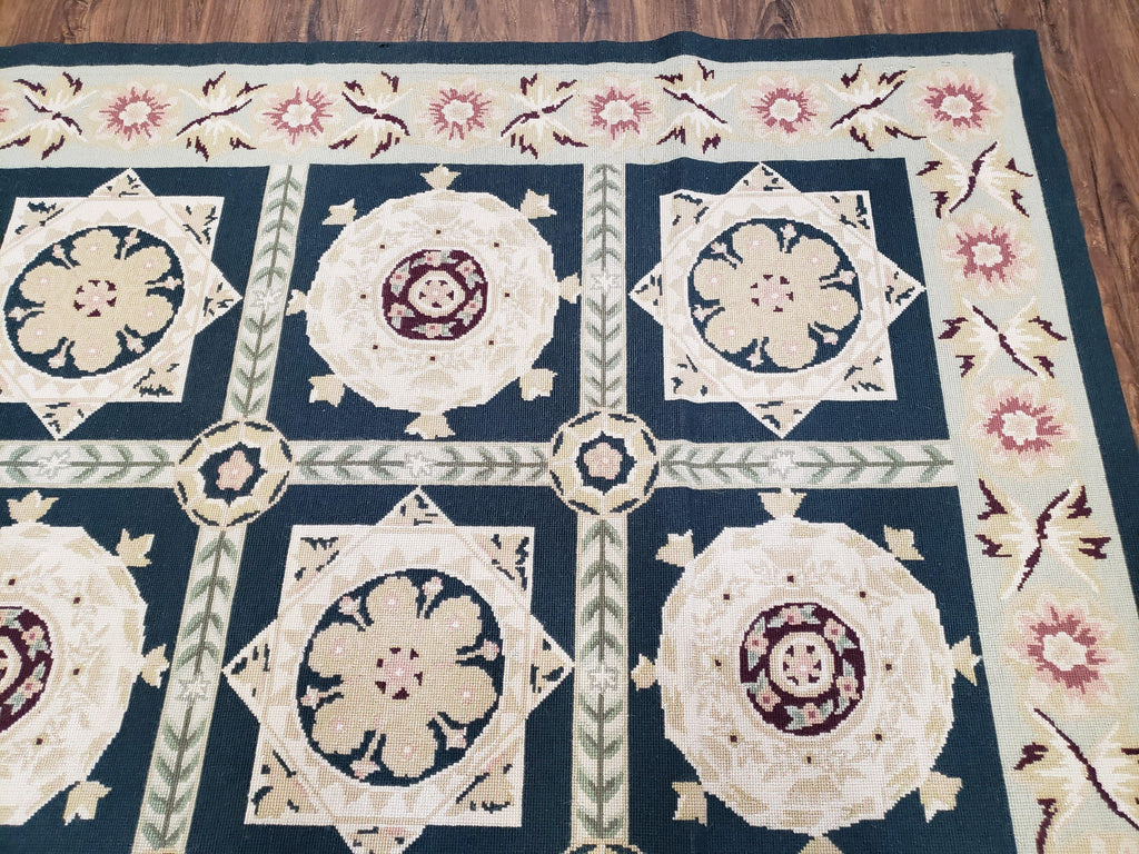 Vintage Chinese Needlepoint Rug 6x9, Panel Design Area Rug Wool Hand-Woven Black & Ivory Carpet Flat Weave Bedroom Rug 6 x 9 Living Room Rug
