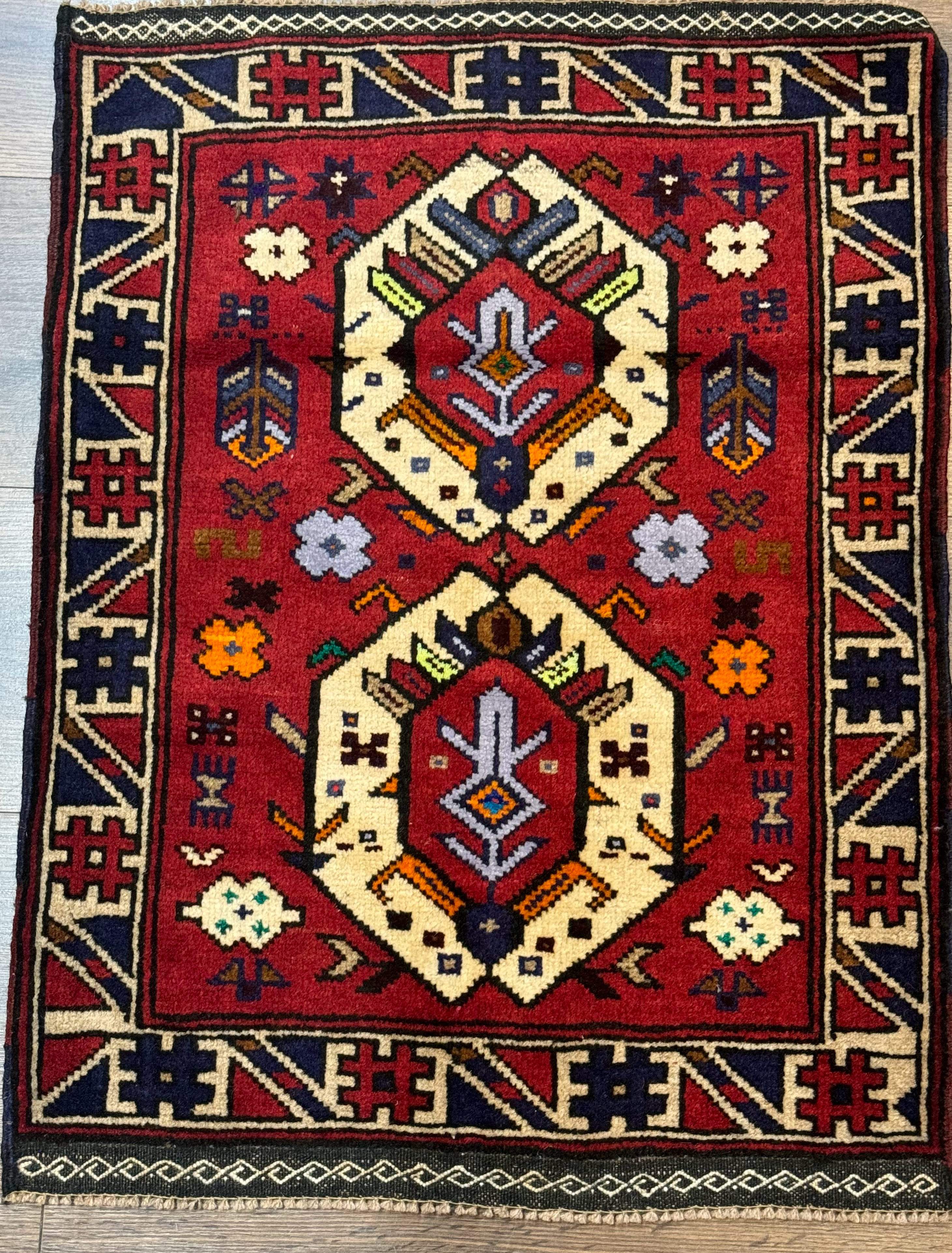 Small Persian Tribal Rug, Red and Ivory, Baluch Rug