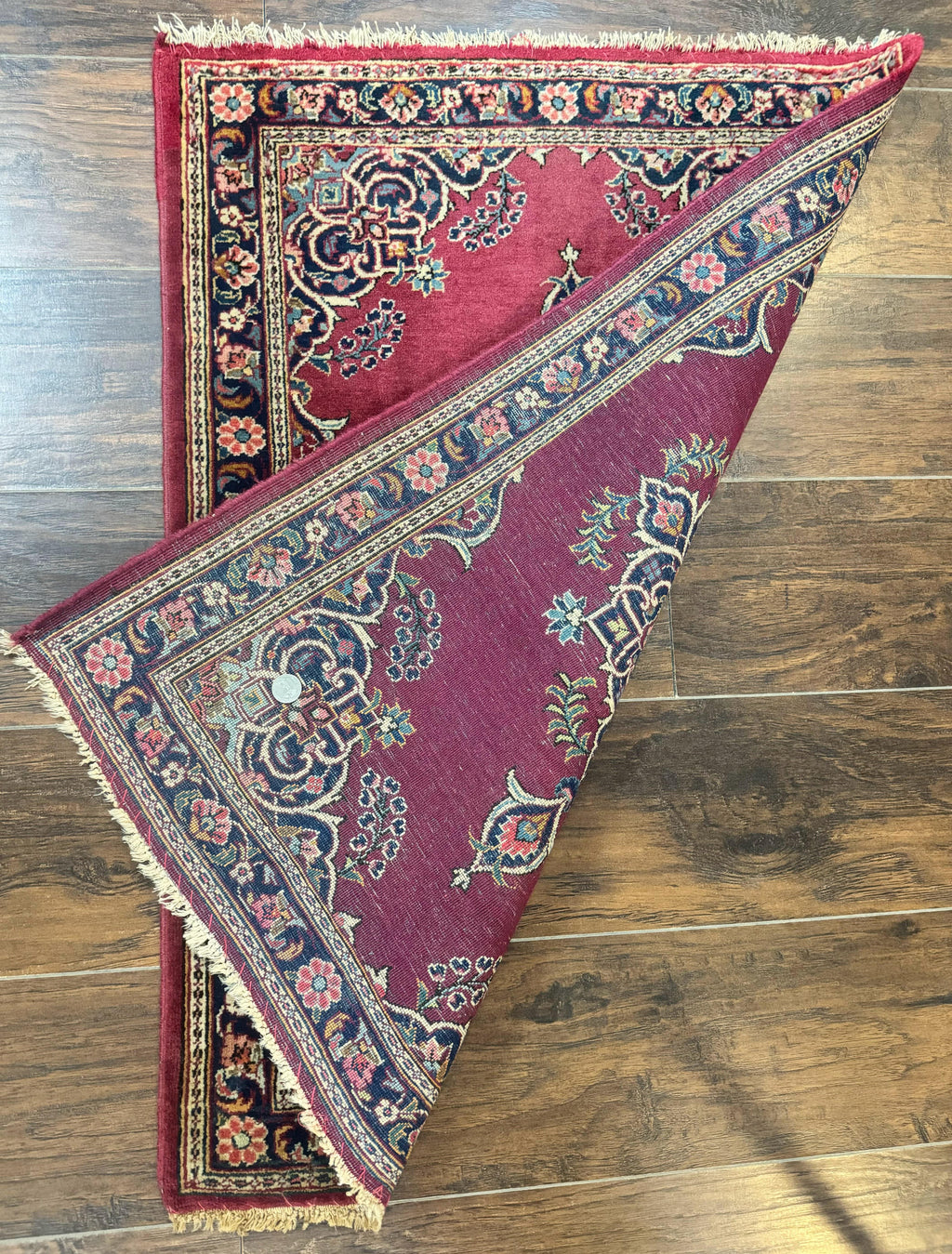 Small Persian Kashan Rug 2x3, Red and Navy Blue, Handmade Vintage Wool Semi Antique Persian Carpet, Semi Open Field, Pair B