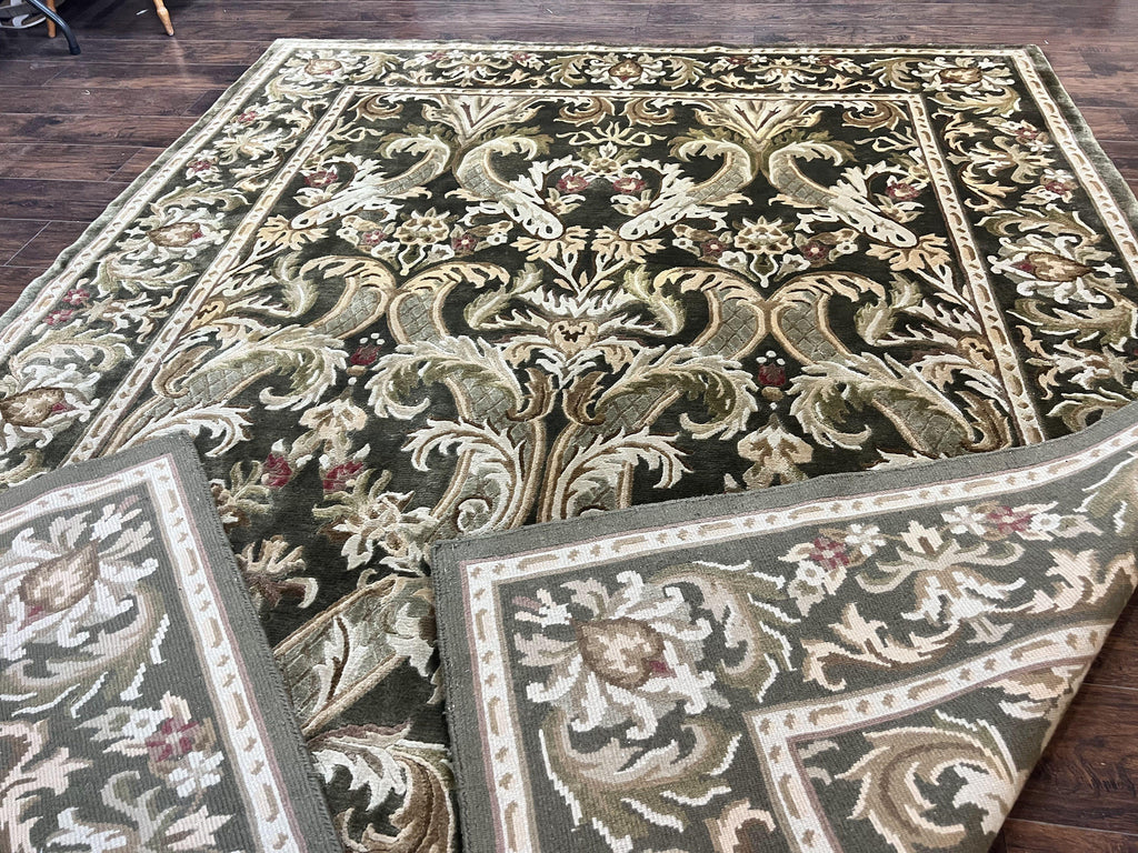 Tibetan Rug 8x10, European Design, Floral, Green, Handmade, Wool, Nepali Rug