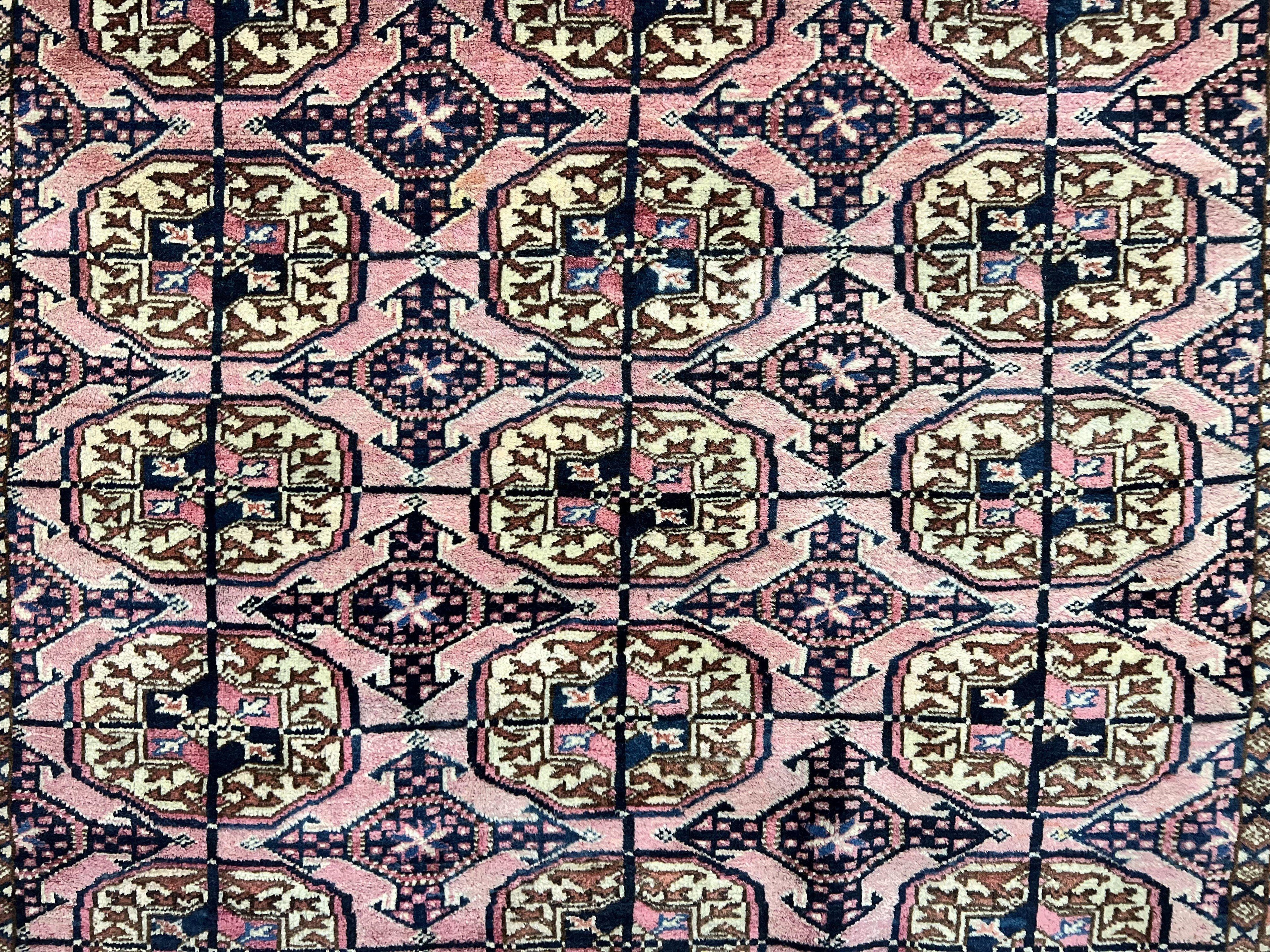 Persian Turkoman Rug 4x6, Wool Hand Knotted Antique Bokhara Carpet, Red Pink, Handmade Tribal Oriental Rug 4 x 6 ft