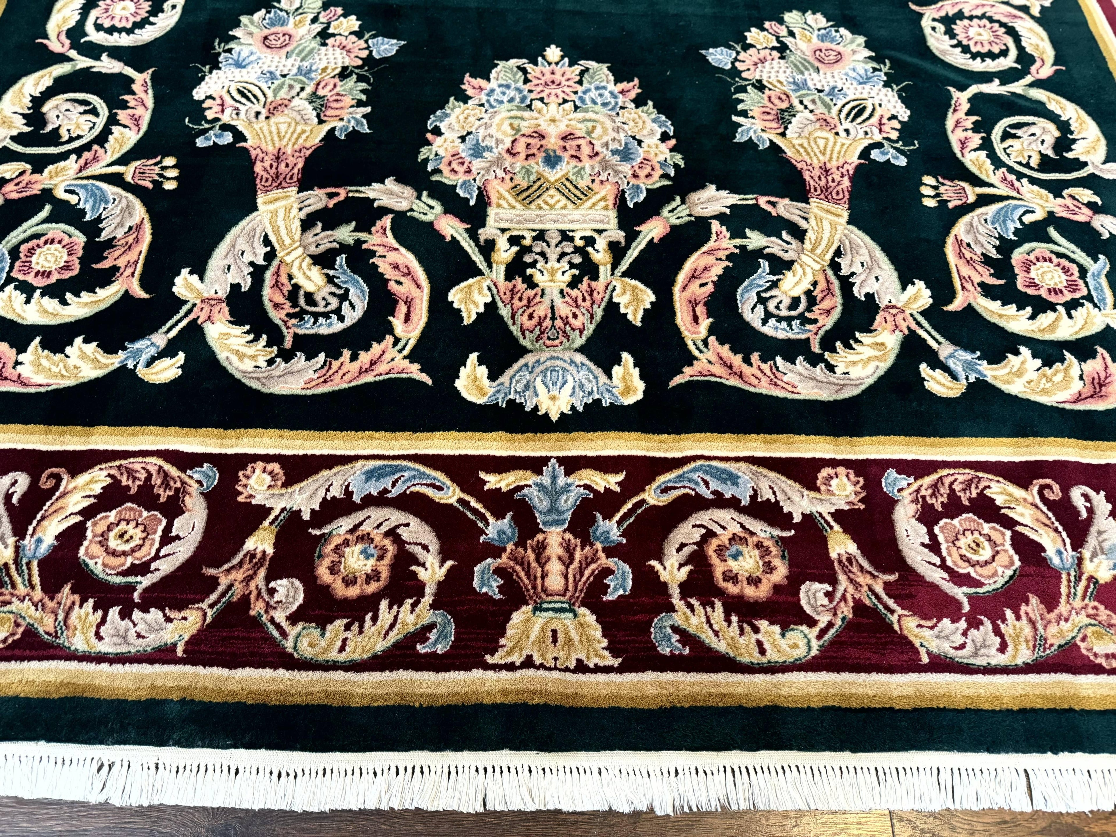 Aubusson Rug 9x12, Dark Green, European Design, Vintage Fine Handmade Carpet, Elegant