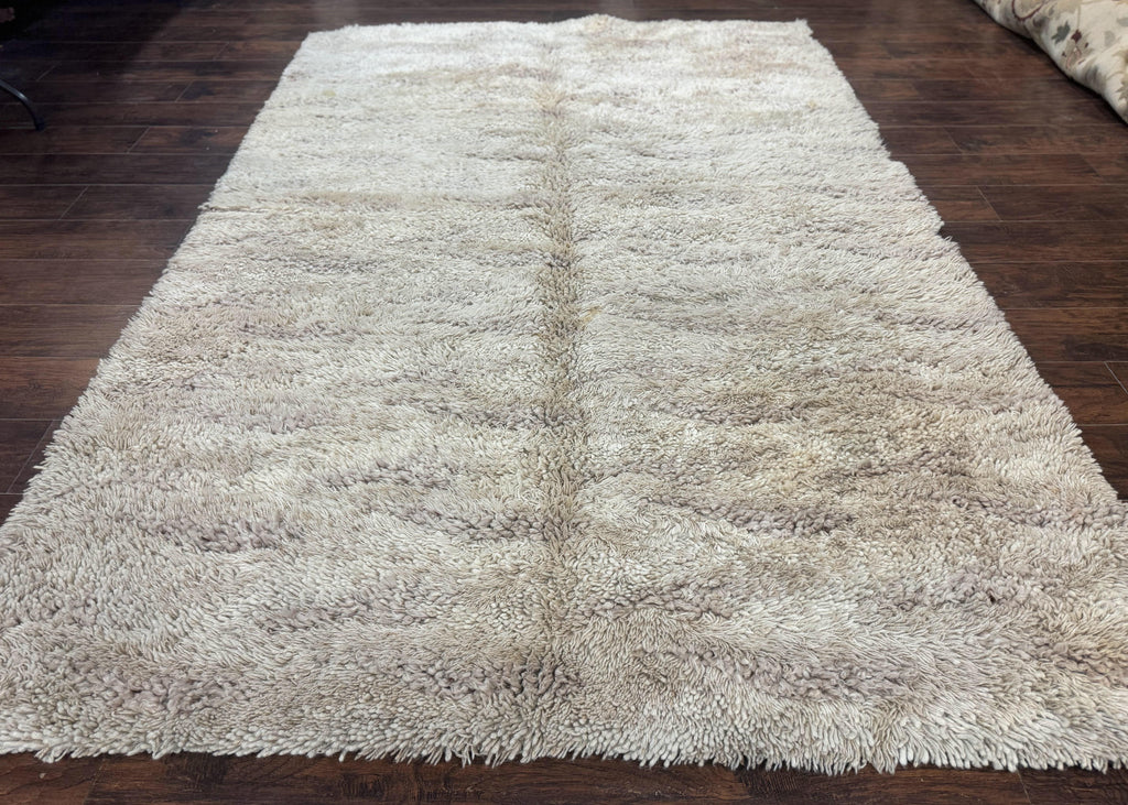 European Rya Shag Rug 6.6 x 9.7, Beige, Fluffy Vintage Area Rug