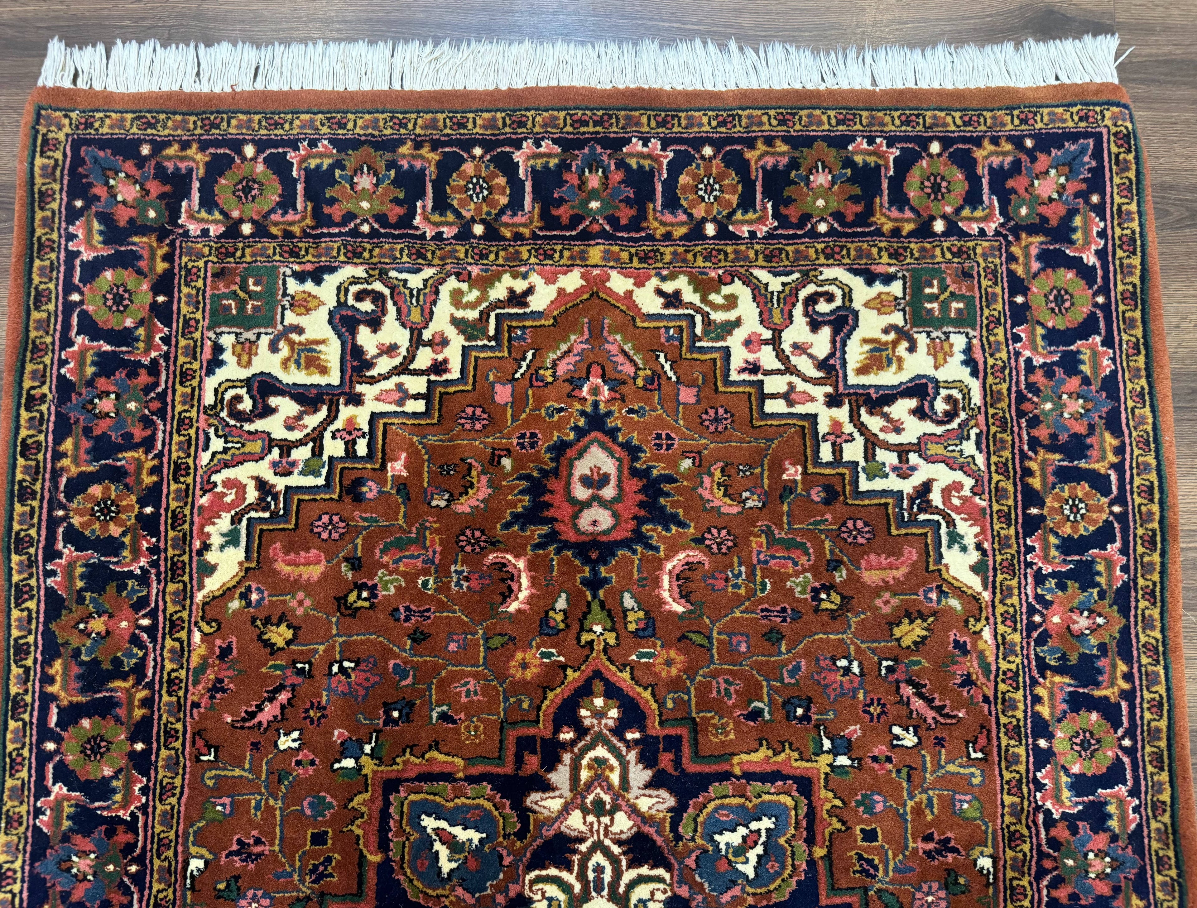 Indo Persian Heriz Rug 4x6, Rust Red Navy Blue and Cream