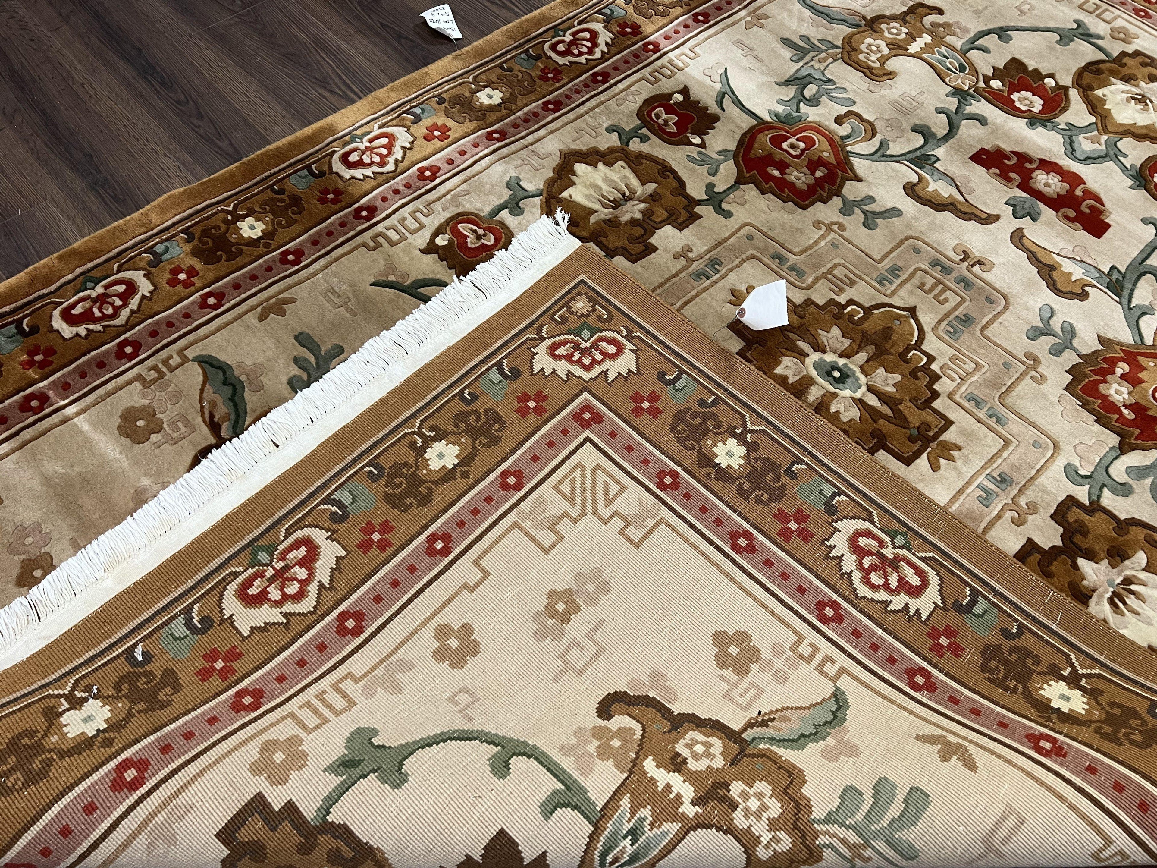 Chinese Wool Rug 5.9 x 9, Tan and Brown Asian Art Deco Carpet, Vintage 1960s Oriental Rug, Hand-Knotted Rug, Soft Wool, Medallion, Pair B