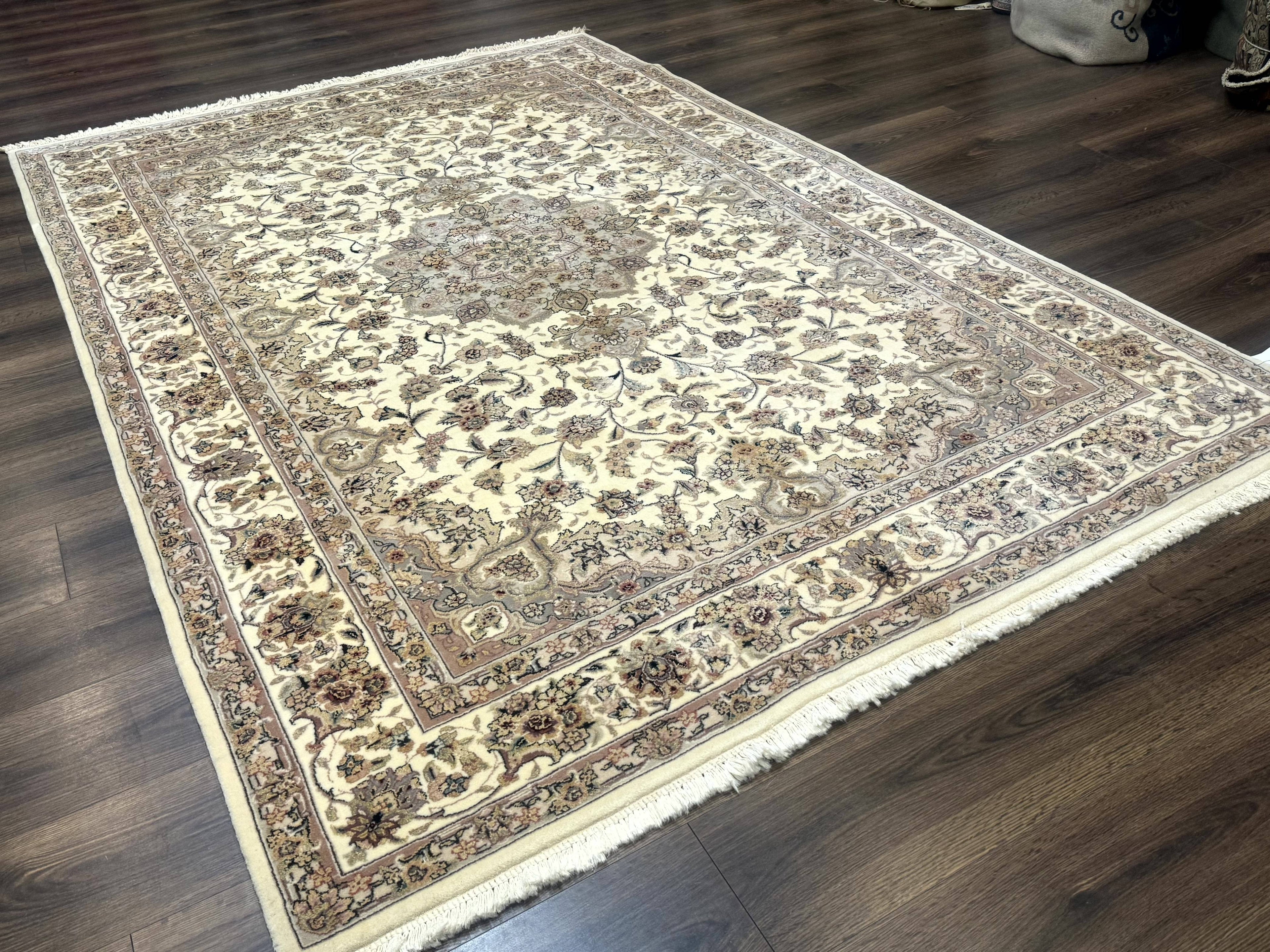 Sino Persian Rug 6x9, Floral Medallion, Ivory & Taupe, Wool with Silk Highlights, Fine 210 KPSI