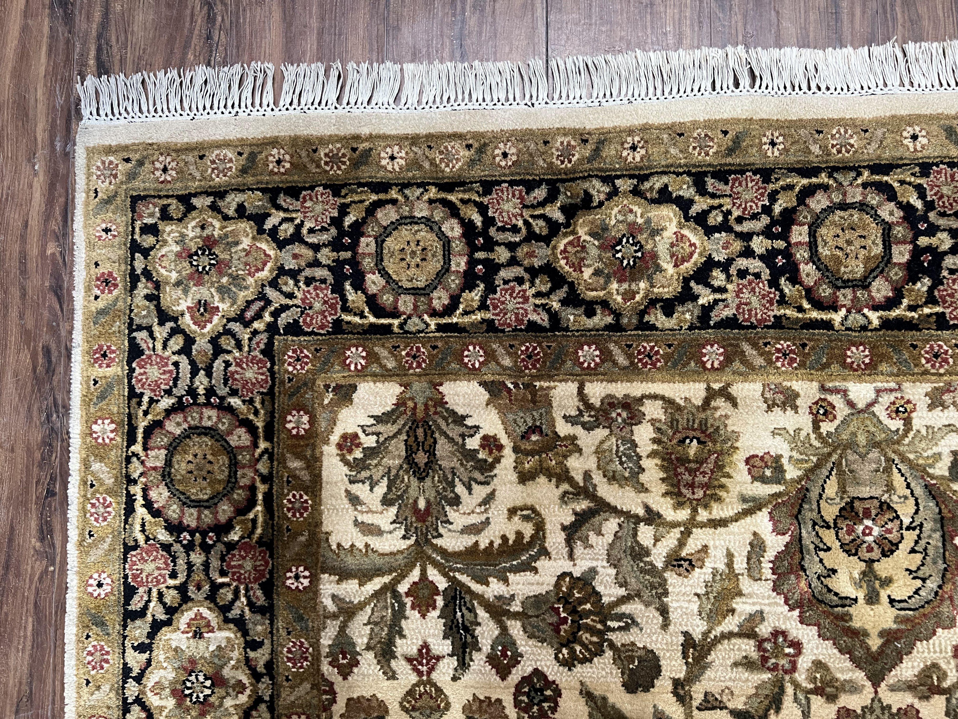 Indo Mahal Rug 6x9, Indian Floral Carpet 6 x 9, Beige and Black, Allover Design, Living Room Rug, Bedroom Rug, Traditional Rug, Vintage Rug