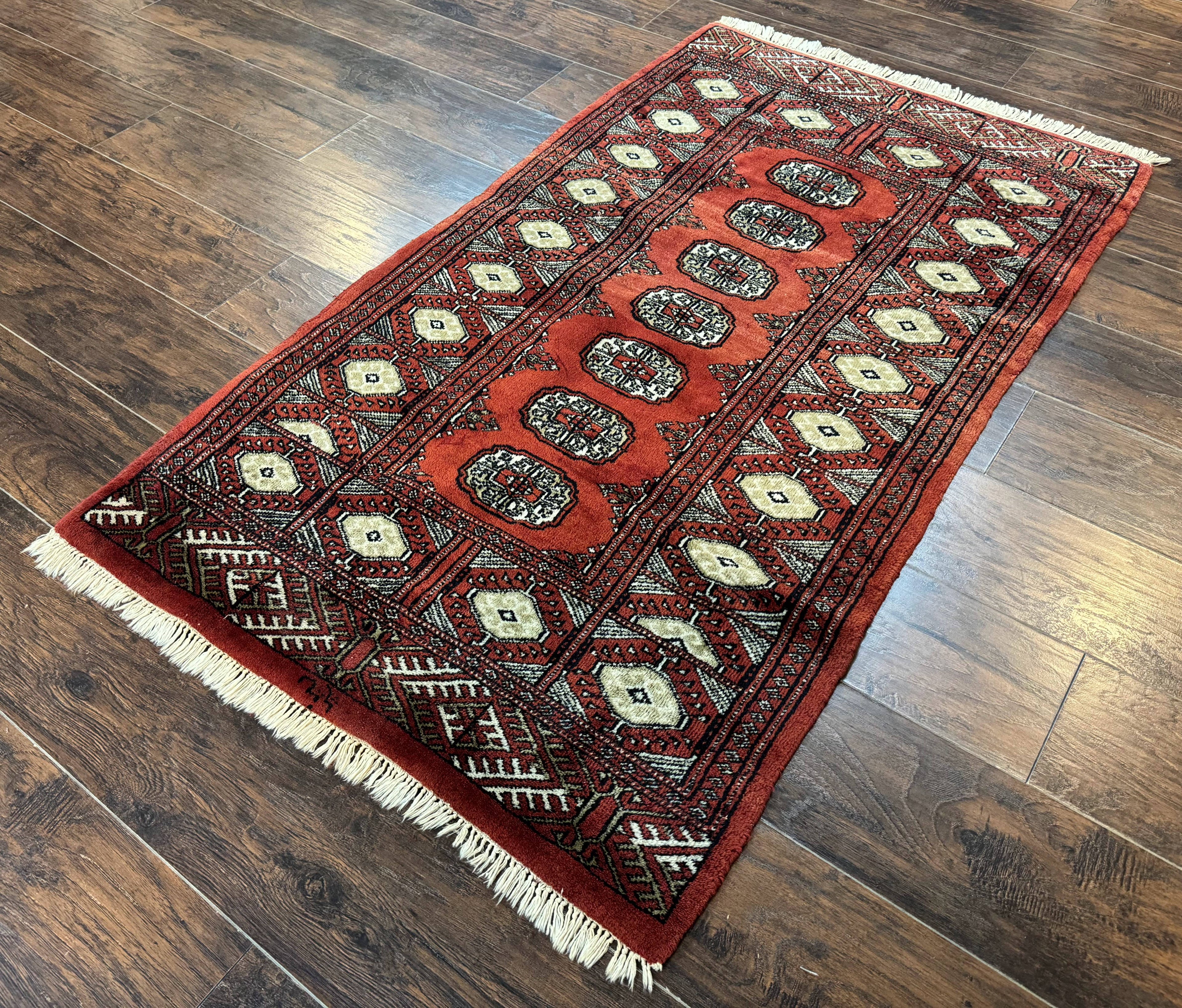 Red Pakistani Turkoman Rug 3x5, Bokhara Design, Vintage, Signed