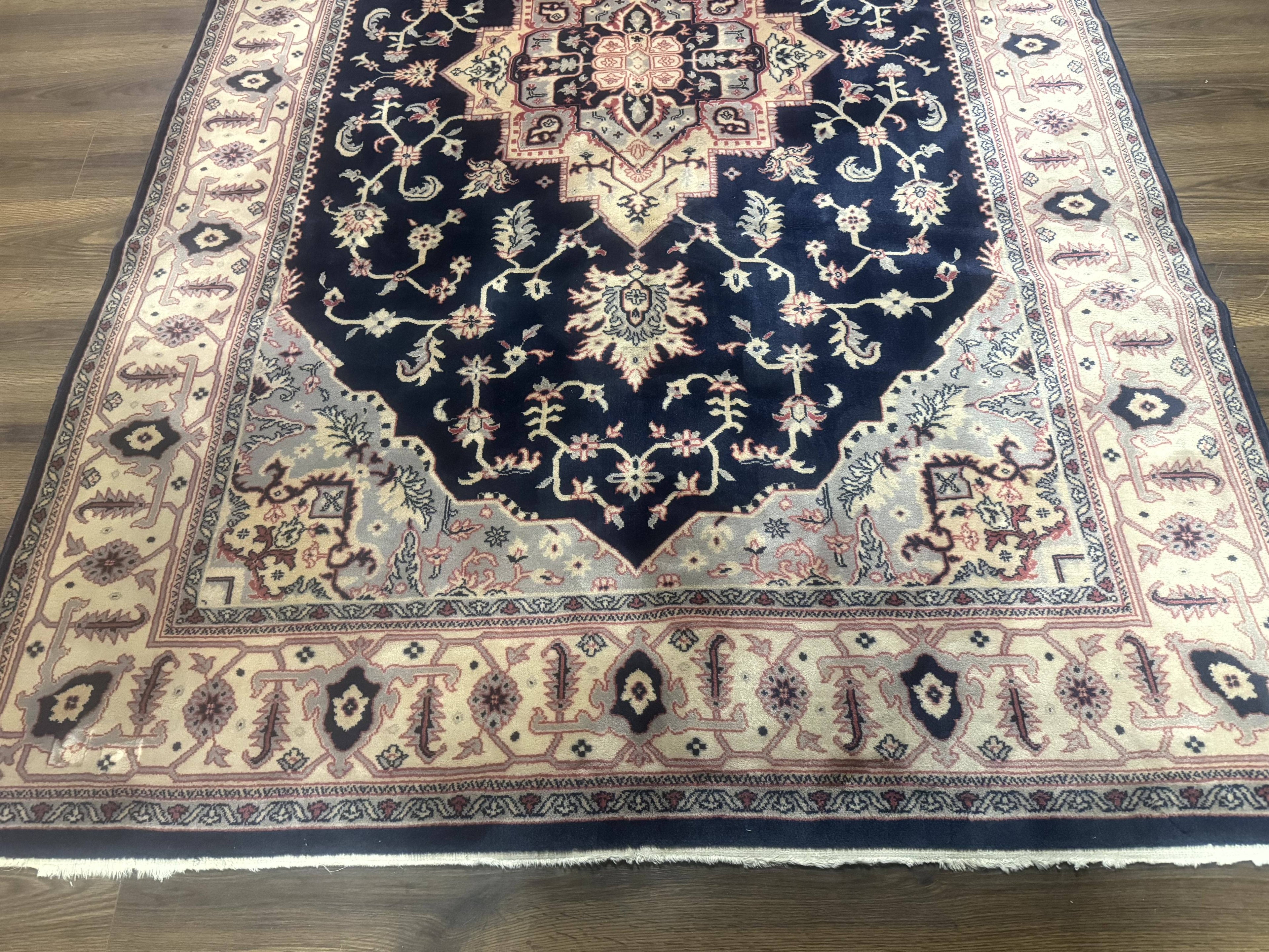 Karastan Rug Navy Serapi, Kara Shah Rug, Navy Blue, 5.6 x 8.6, Vintage Karastan Area Rug, Wool Pile Karastan Rug