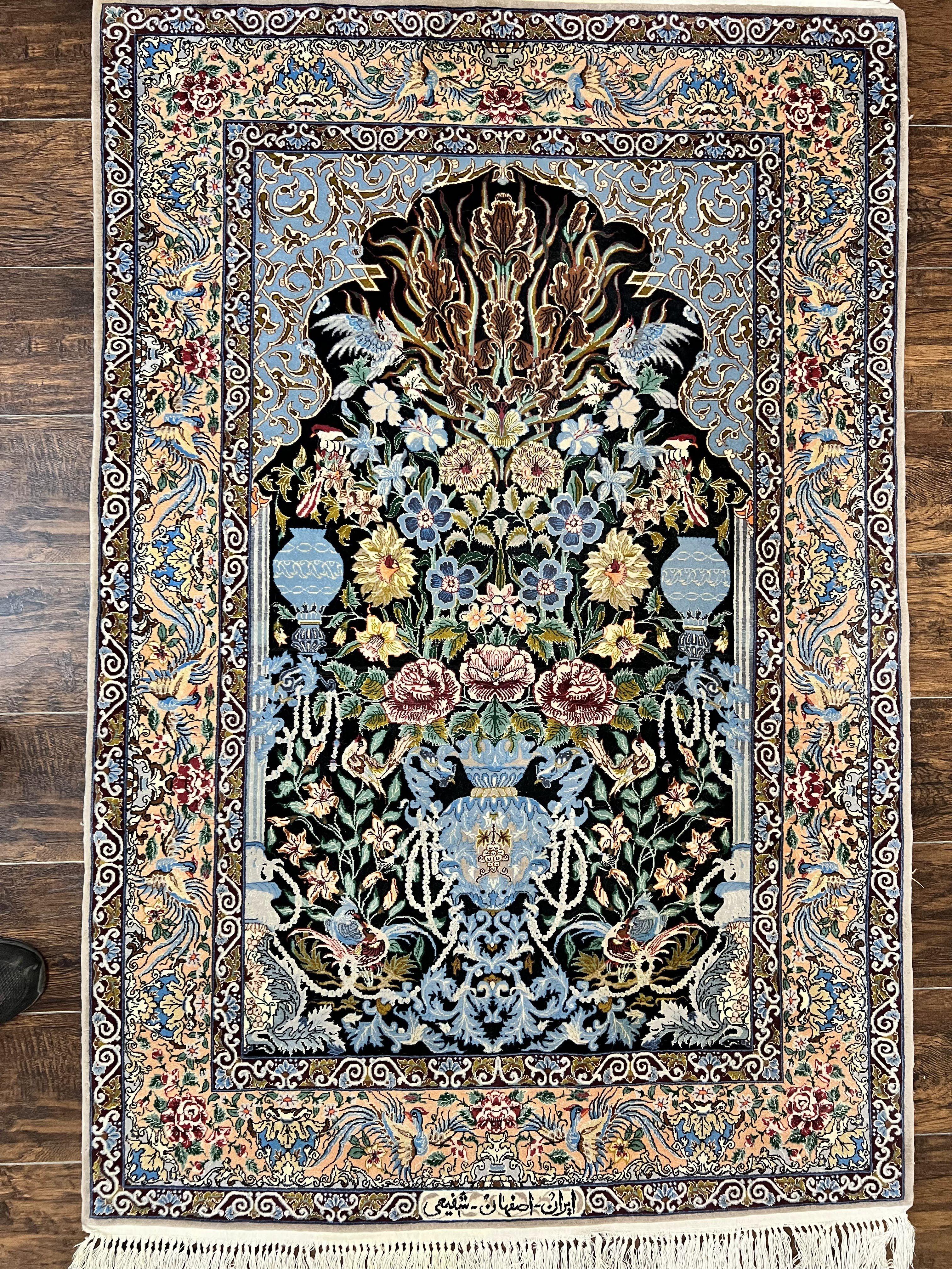 Wonderful Persian Isfahan Rug 3.7 x 5, Kork Wool on Silk Foundation, Very Fine 460 KPSI, Tree of Life Persian Vase Design Animal Pictorials Peacocks