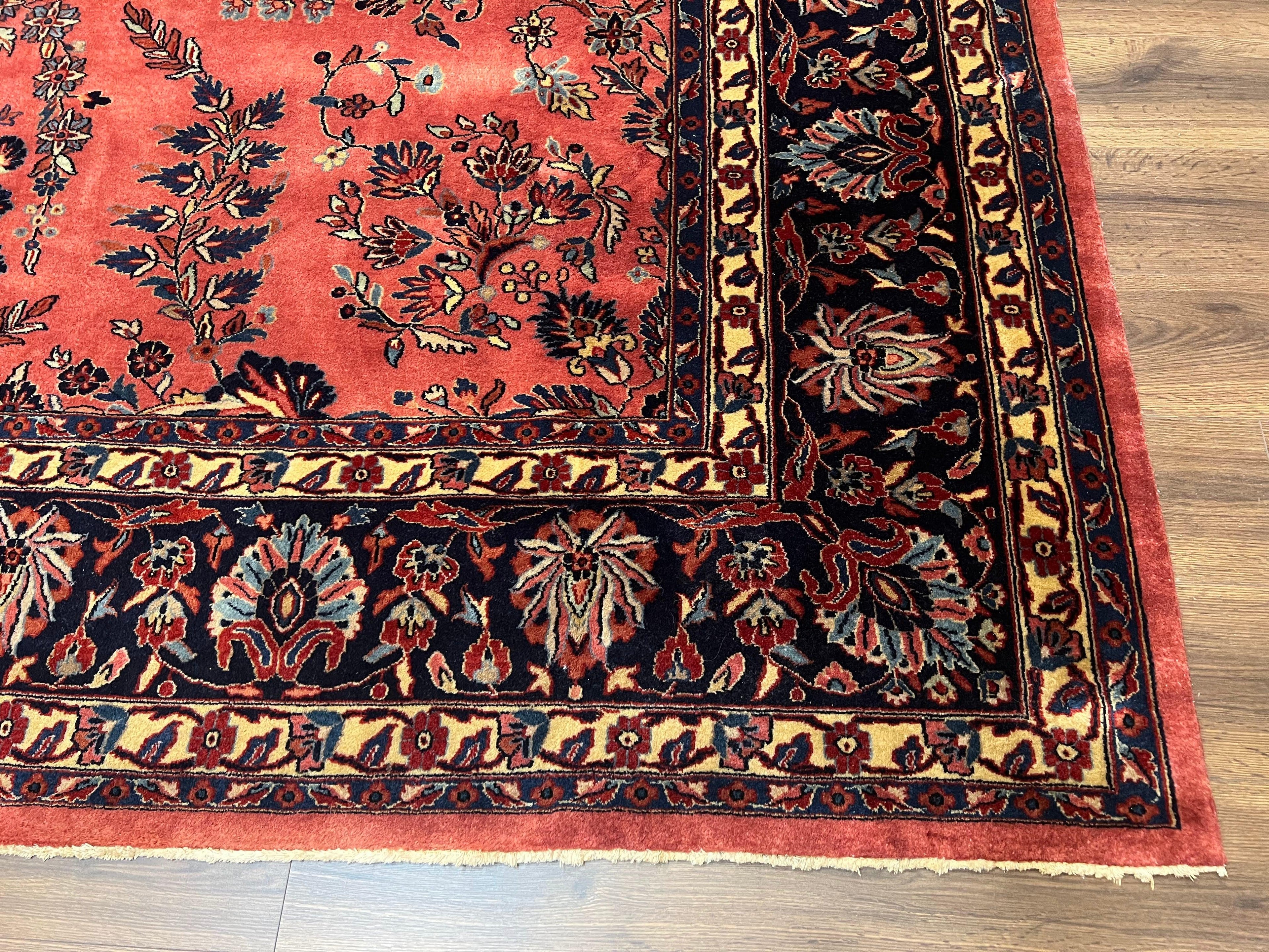 Indo Sarouk Rug 10x14, Vintage Indian Persian Area Rug 10 x 14, Wool Hand-Knotted Oriental Carpet, Red Floral Allover Large Rug, Beautiful