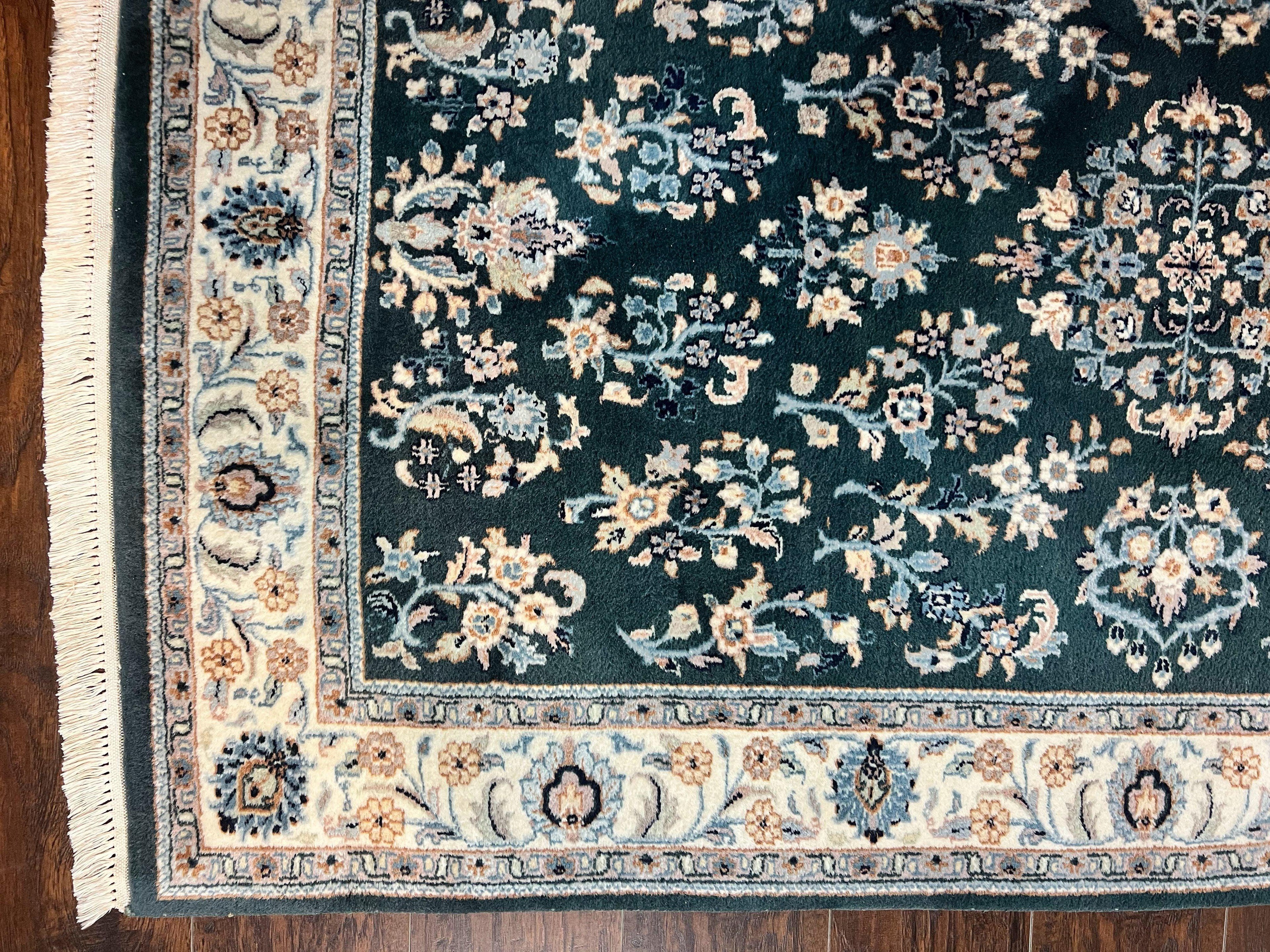 Green Indo Persian Rug 4x6, Floral Allover, Handmade Vintage Oriental Carpet, Sarouk Rug, Wool