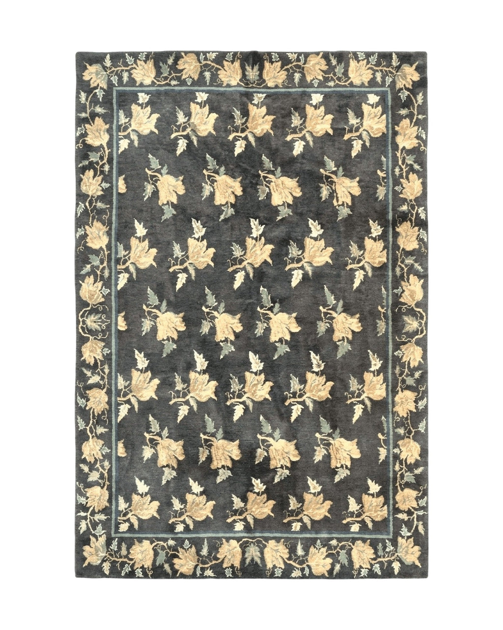 Tibetan Nepal Rug 6x9, Wool Hand Knotted Vintage Carpet 6 x 9, Dark Green & Golden Yellow, Floral Bouquets