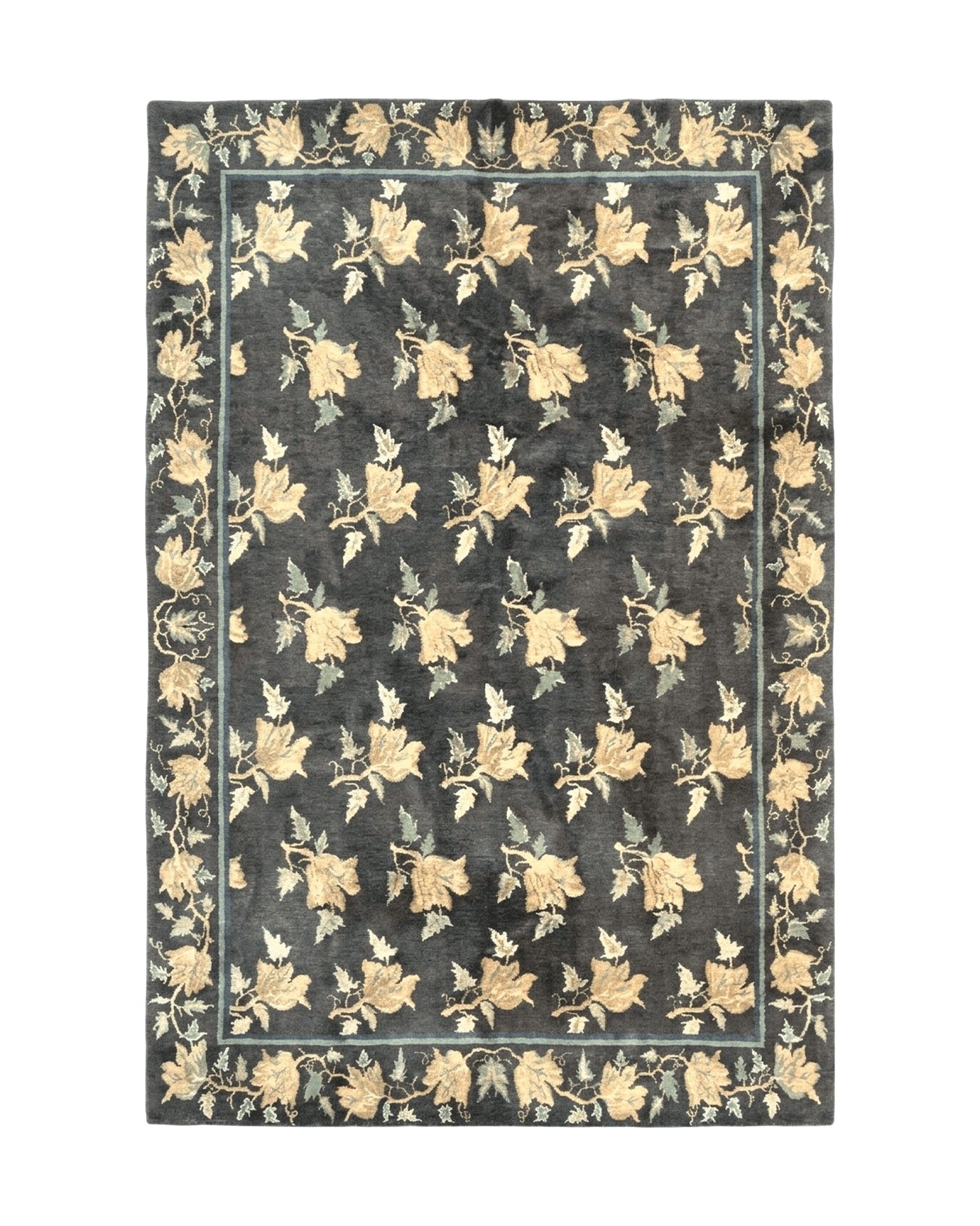 Tibetan Nepal Rug 6x9, Wool Hand Knotted Vintage Carpet 6 x 9, Dark Green & Golden Yellow, Floral Bouquets