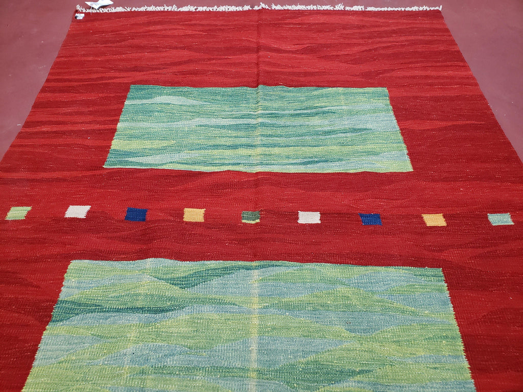 Red Turkish Kilim Rug, 5x7 - 6x8 Rugs, Red and Green Kilim Carpet, Kilim Area Rugs, Flatweave No Pile Rug, New Turkish Rug, Handmade Kilim