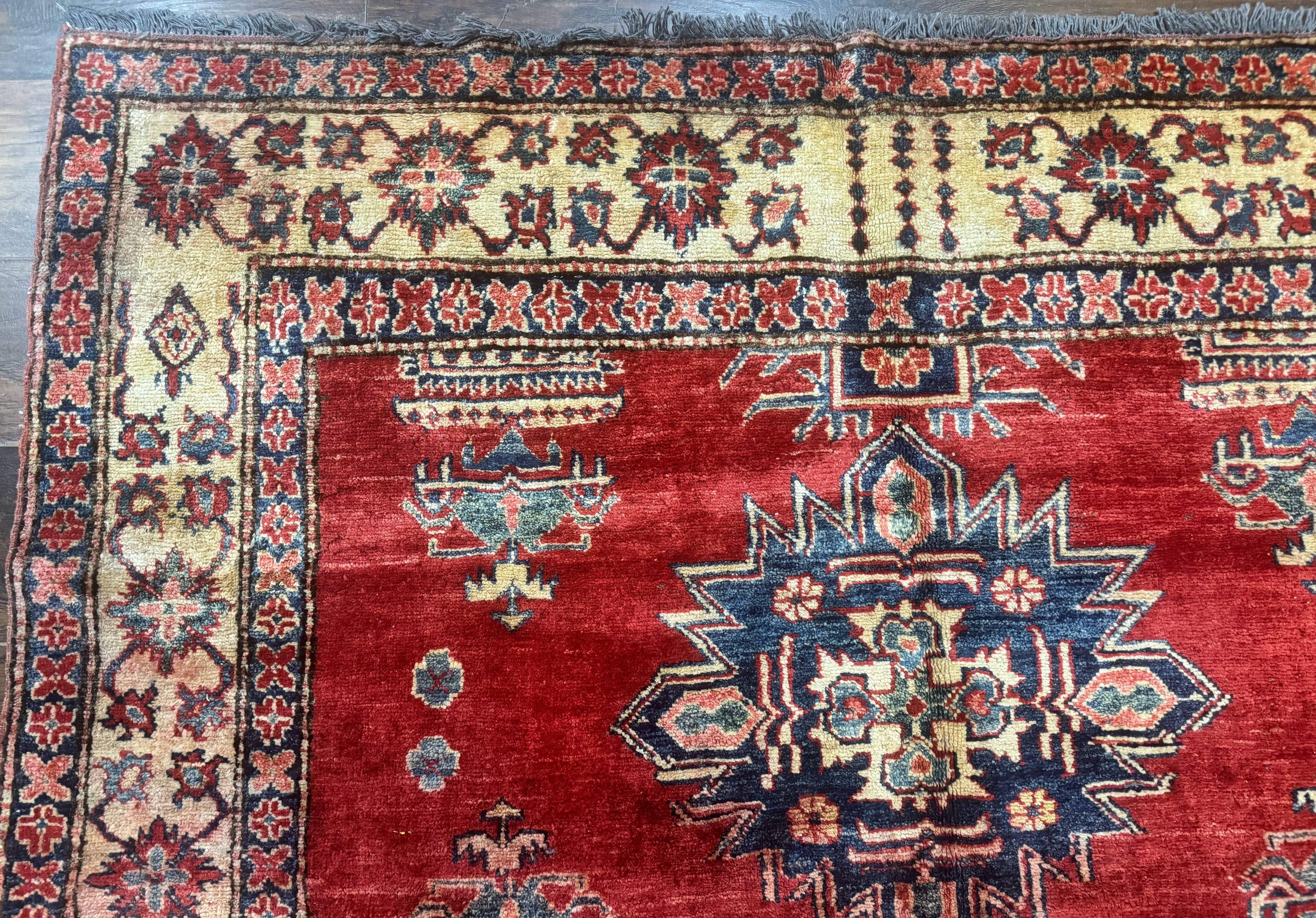 Square Turkish Rug 6x6, Azerbaijani Azeri Turkish Armenian Rug, Red Tan Blue, Geometric, Wool Carpet