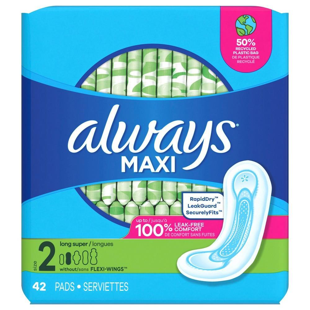 Always Maxi Pads with Wings, Size 2 Long, Unscented, 42 Count