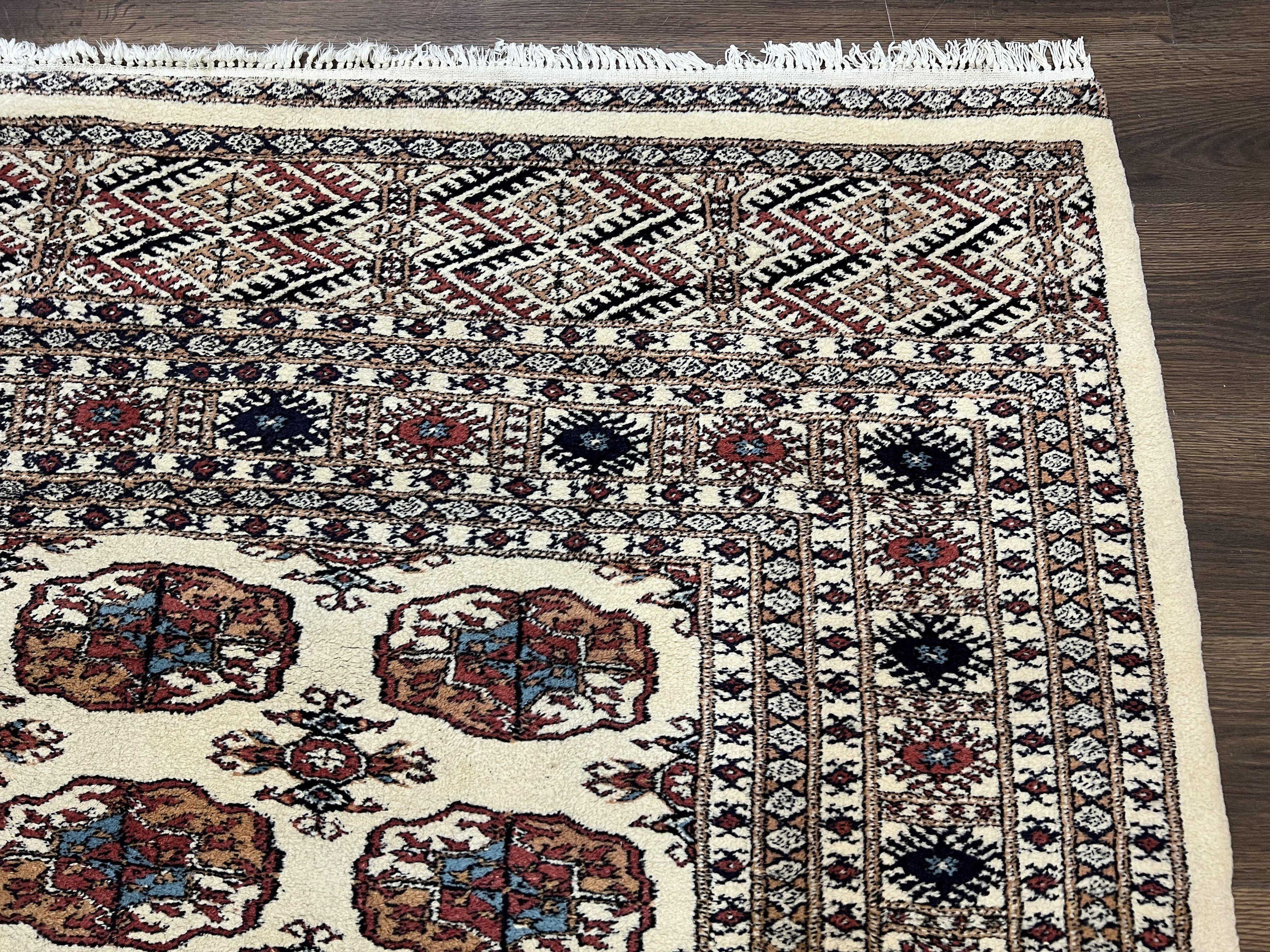 Pakistani Bokhara Rug 8x10, Wool Turkoman Carpet, Ivory/Cream