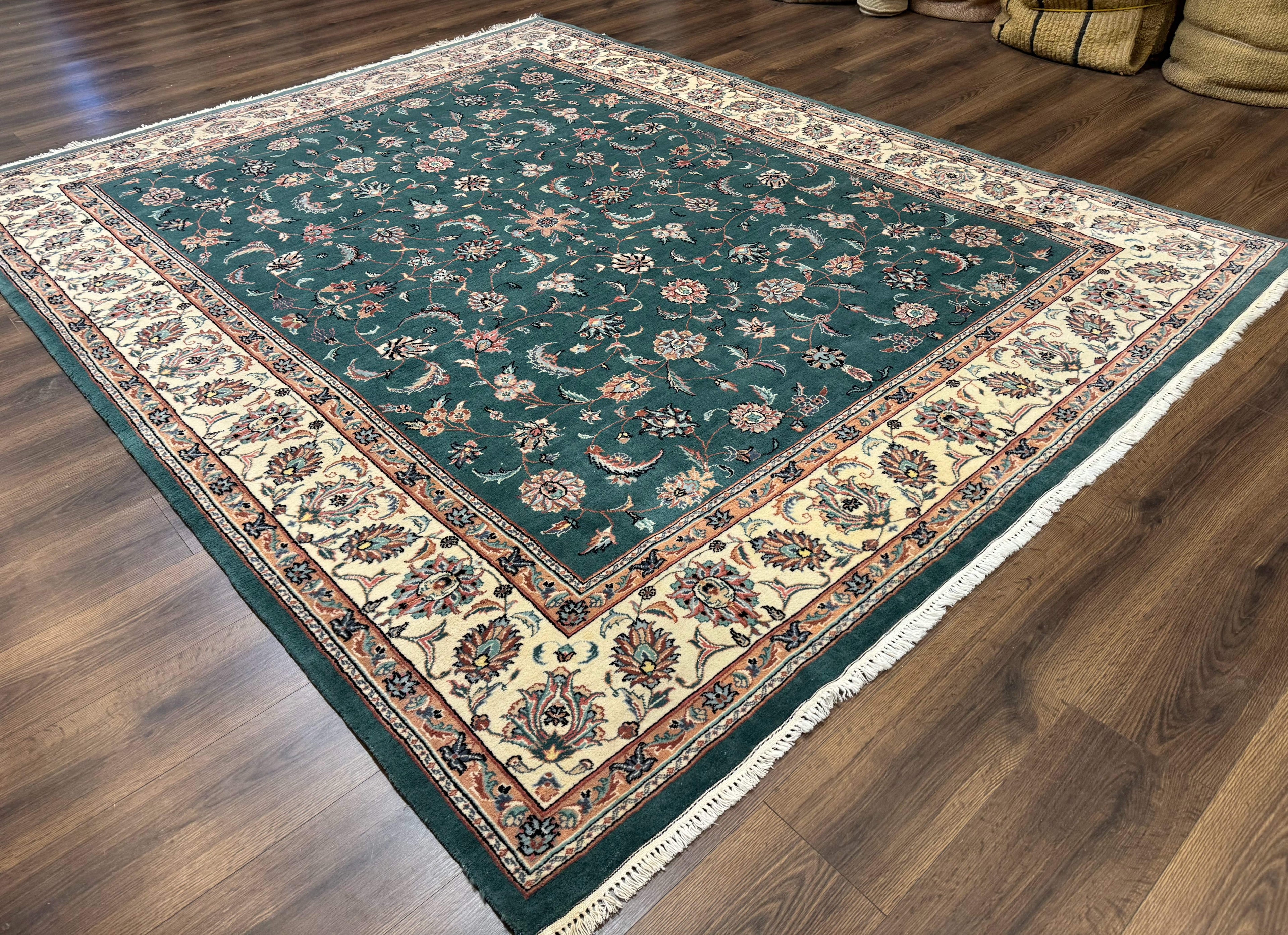 Indo Persian Rug 8x10, Green and Beige Oriental Carpet, Traditional Wool Area Rug, Floral Allover Pattern