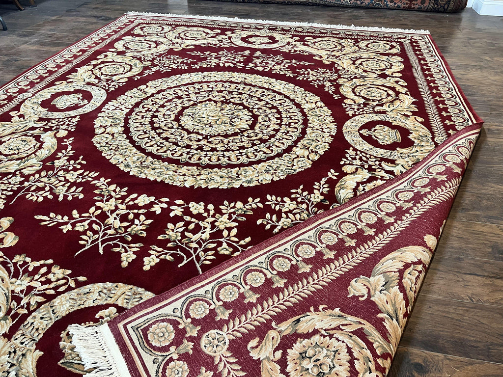 Aubusson Rug 9x12, Wool Handmade Carpet, Elegant French European Design, Dark Maroon Red, 9 x 12 Room Sized Rug, Finely Hand Knotted