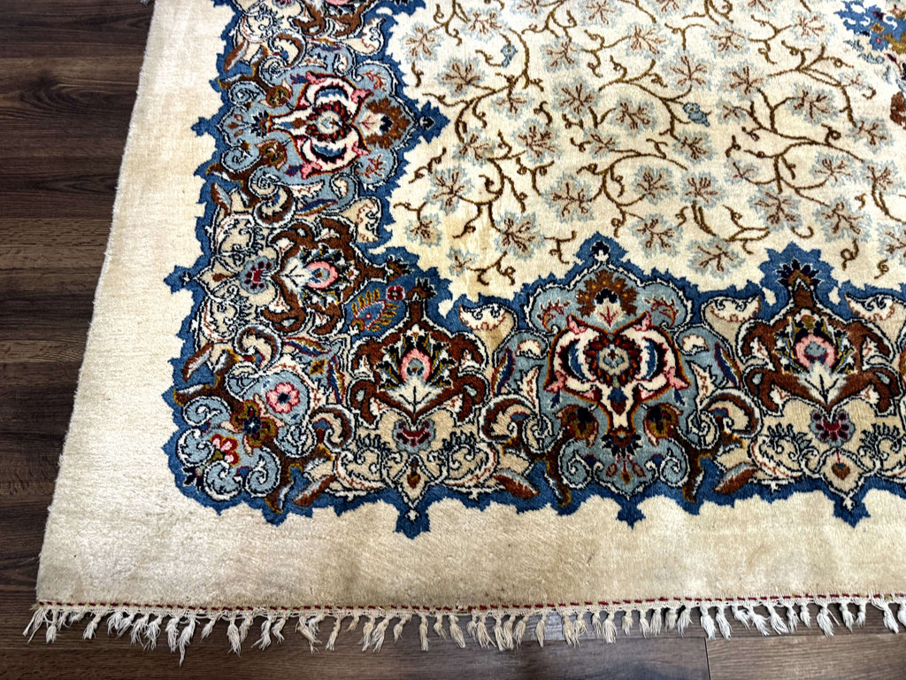 Persian Kashan Rug 9 x 12.6, Ivory and Blue, Floral Medallion, Wool Hand Knotted Semi Antique Carpet