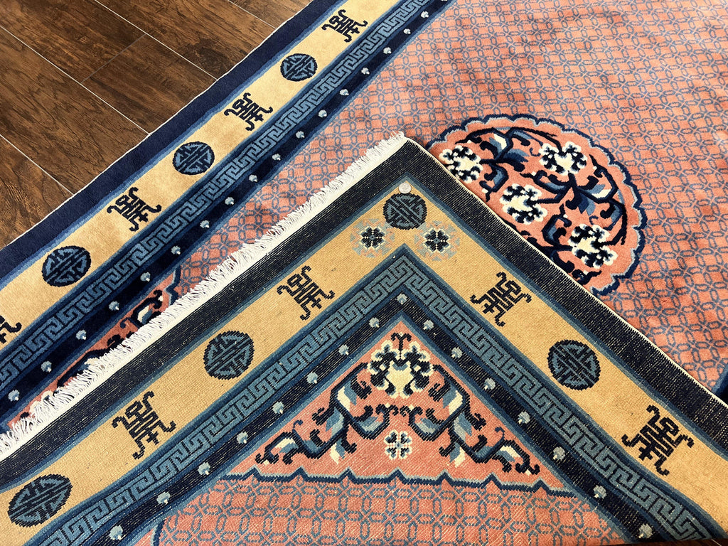 Chinese Peking Rug 5x8, Vintage Semi Antique Chinese Art Deco Carpet, Wool Pile Light Red/Salmon Gold Navy Blue, Handmade Asian Oriental Rug