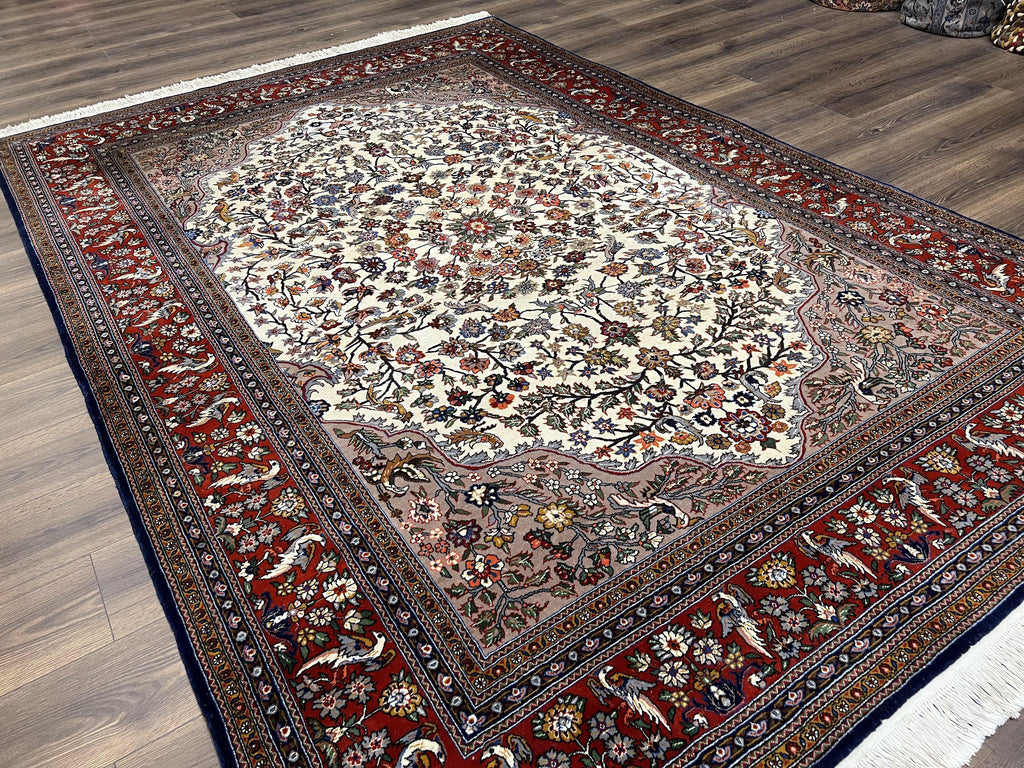 Beautiful Sino Persian Rug 7x10, Circle of Life Tree of Life Rug, Birds, Cream Red Navy Blue Taupe, Wool Silk Accents, Hand Knotted Vintage