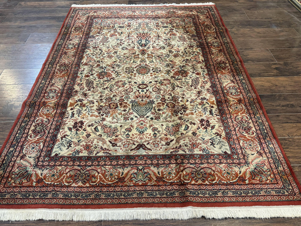 Antique Persian Rug 5x7, Allover Floral with Vases, Beige and Red, Belgian Power Loomed Rug, Vintage