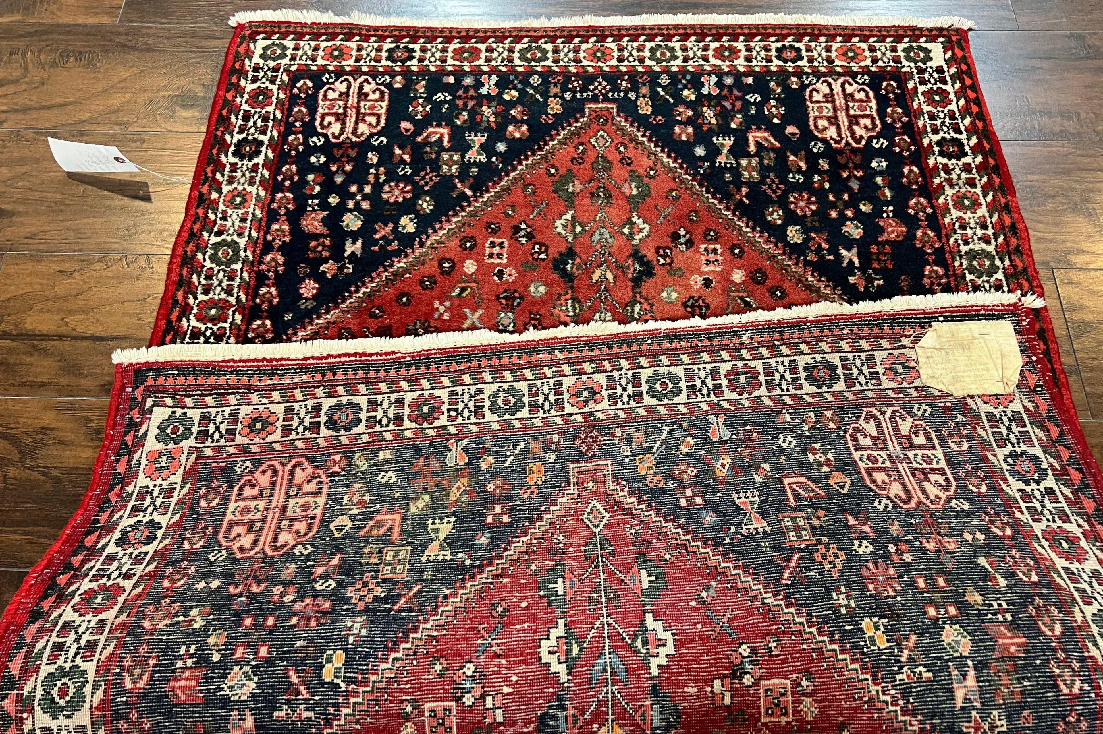 Persian Tribal Rug 3.6 x 5 ft, Persian Abadeh Rug, Geometric Medallion Bird Motifs, Red and Navy Blue Hand Knotted Handmade Wool Vintage Oriental Carpet