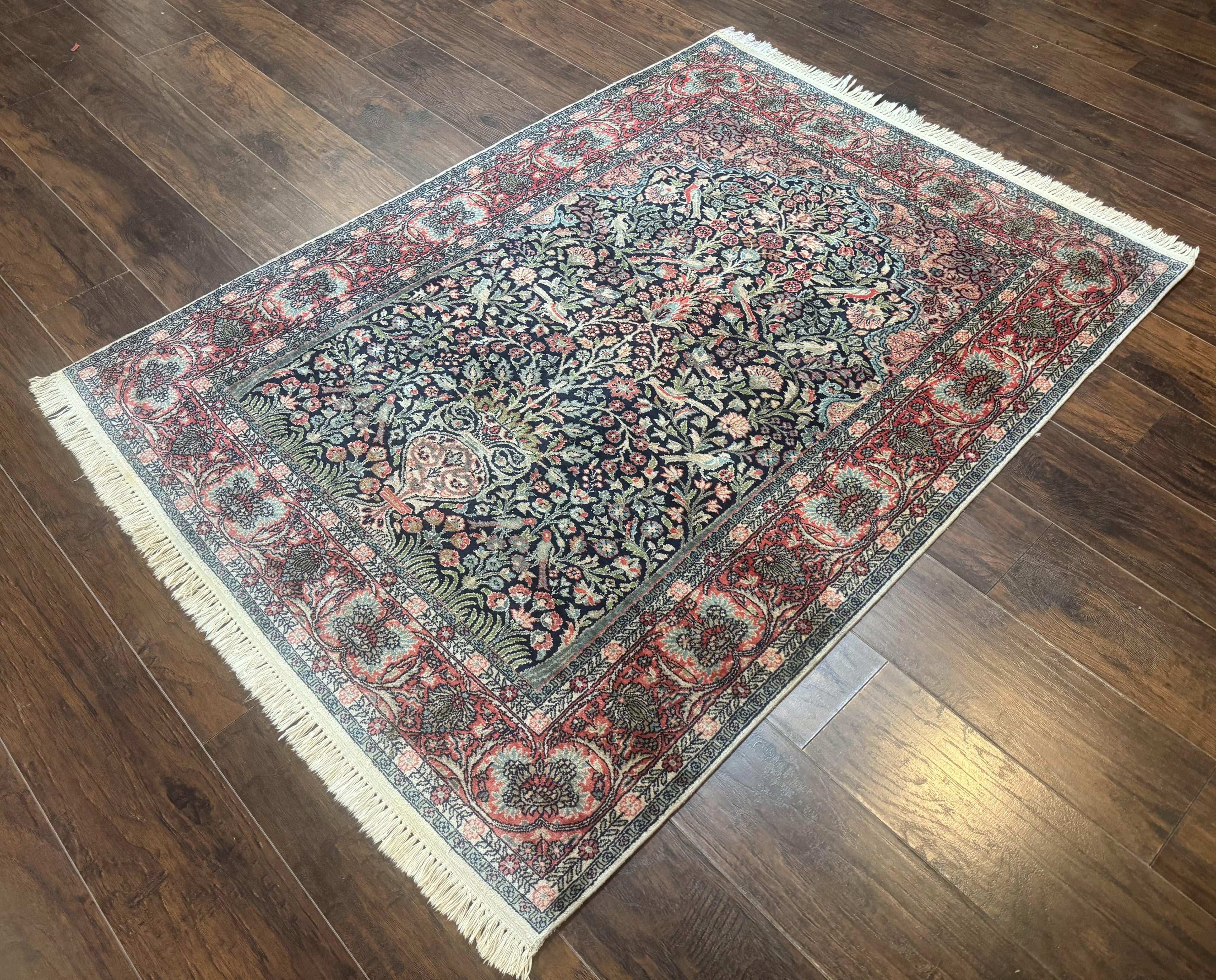 Silk Indian Kashmiri Rug 4x6, Tree of Life Pattern, Birds, Fine 290 KPSI, Navy Blue and Red, Handmade Oriental Carpet