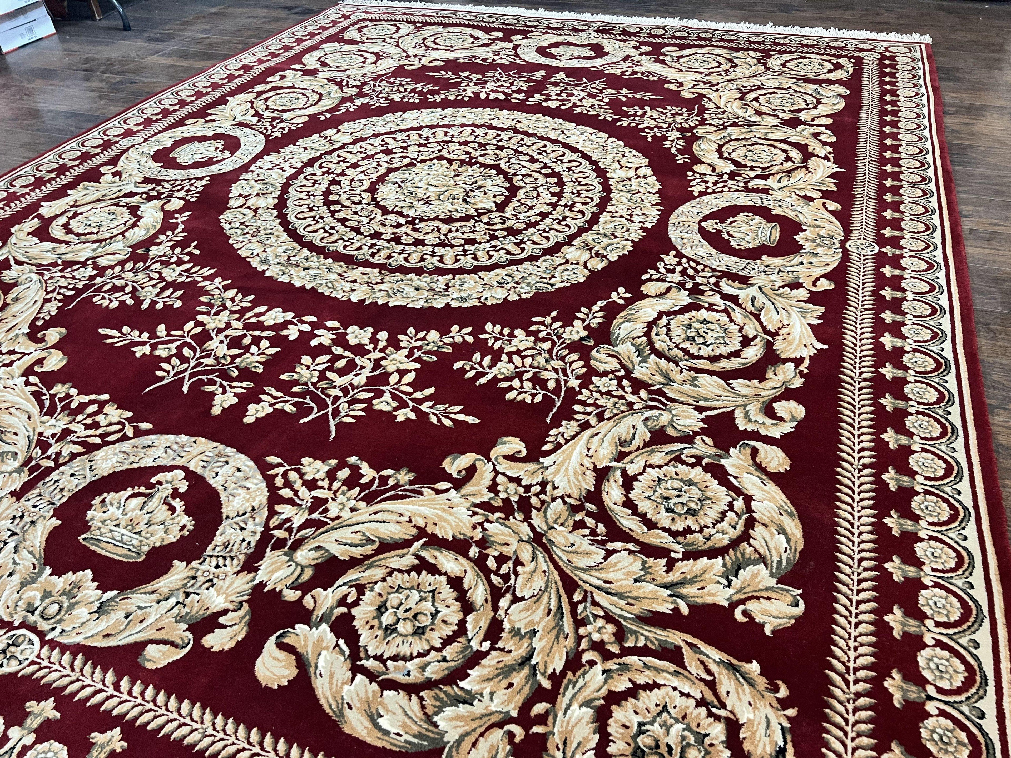 Aubusson Rug 9x12, Wool Handmade Carpet, Elegant French European Design, Dark Maroon Red, 9 x 12 Room Sized Rug, Finely Hand Knotted