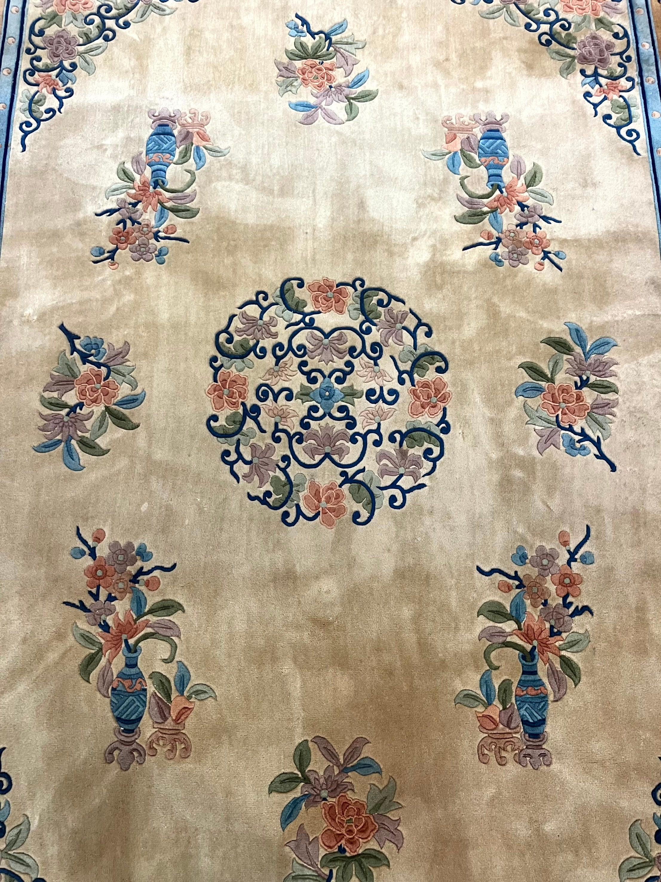 Chinese Wool Rug 8x11, Peking Asian Oriental Carpet, Cream/Ivory and Blue, Vintage Handmade Rug, Art Deco Rug