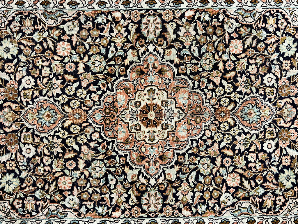 Silk Indian Kashmiri Rug 3x5, Indo Persian Silk on Silk Carpet, Very Fine 350 KPSI, Navy Blue, Handmade, Floral Medallion