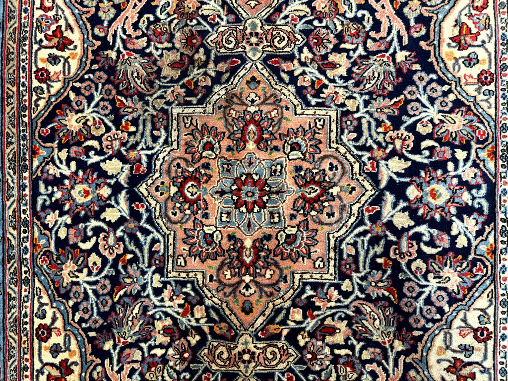 Persian Qum Rug 5x7 in Navy Light Blue and Ivory, Wool wilh Silk Highlights, 225 KPSI