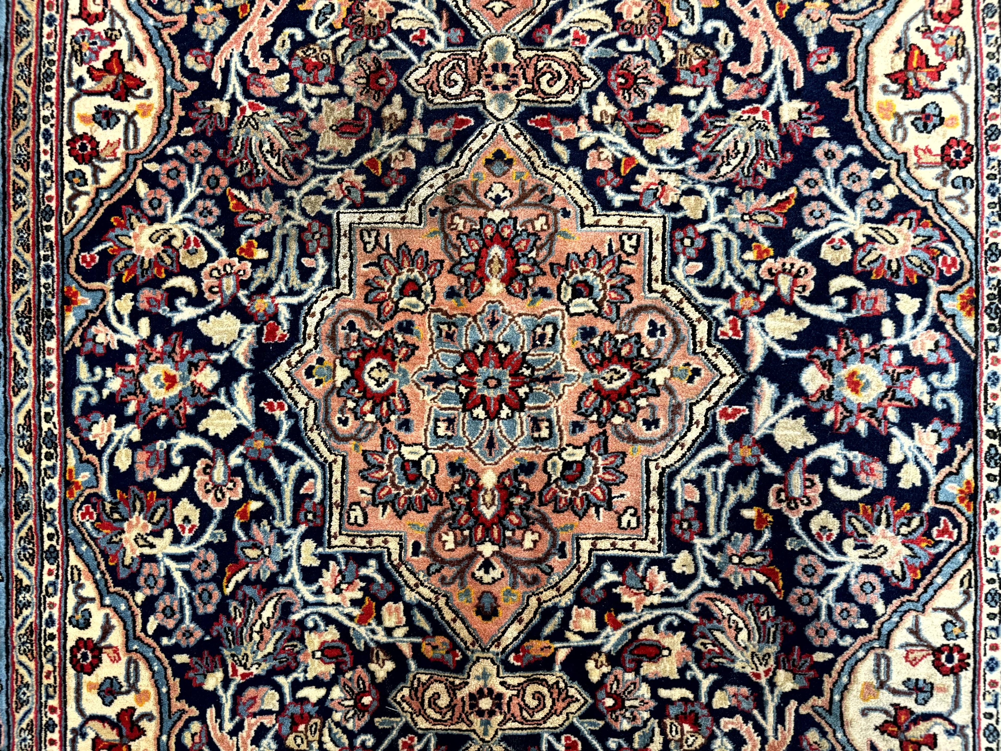 Persian Qum Rug 5x7 in Navy Light Blue and Ivory, Wool wilh Silk Highlights, 225 KPSI